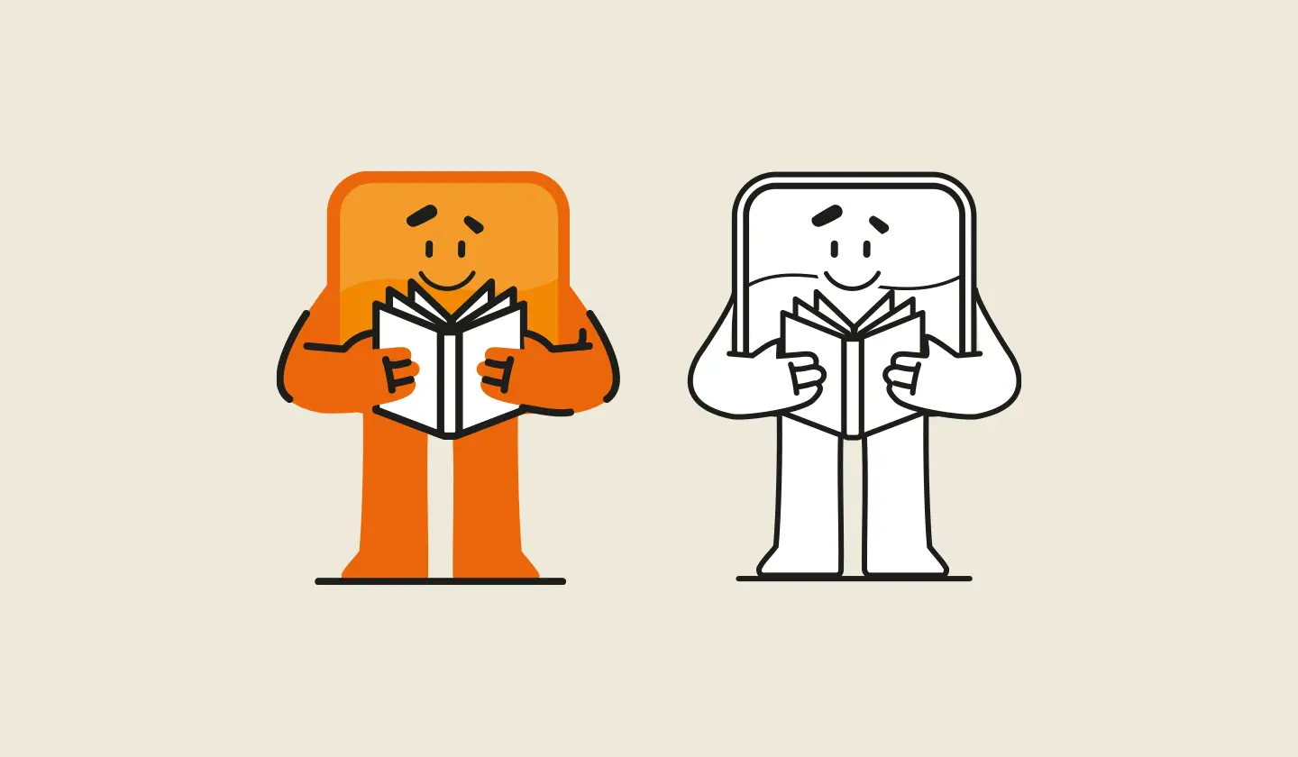 Illustration von zwei reduzierten Markenfiguren beim Lesen – einmal farbig in Orange, einmal als Outline