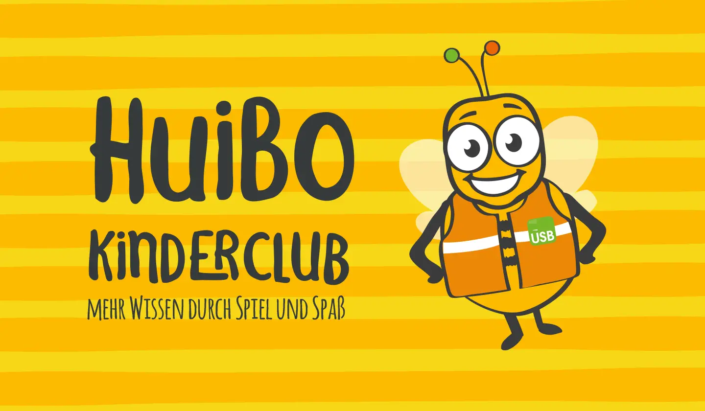 Illustration einer freundlichen Biene als Maskottchen für den Huibo Kinderclub mit gelbem Hintergrund