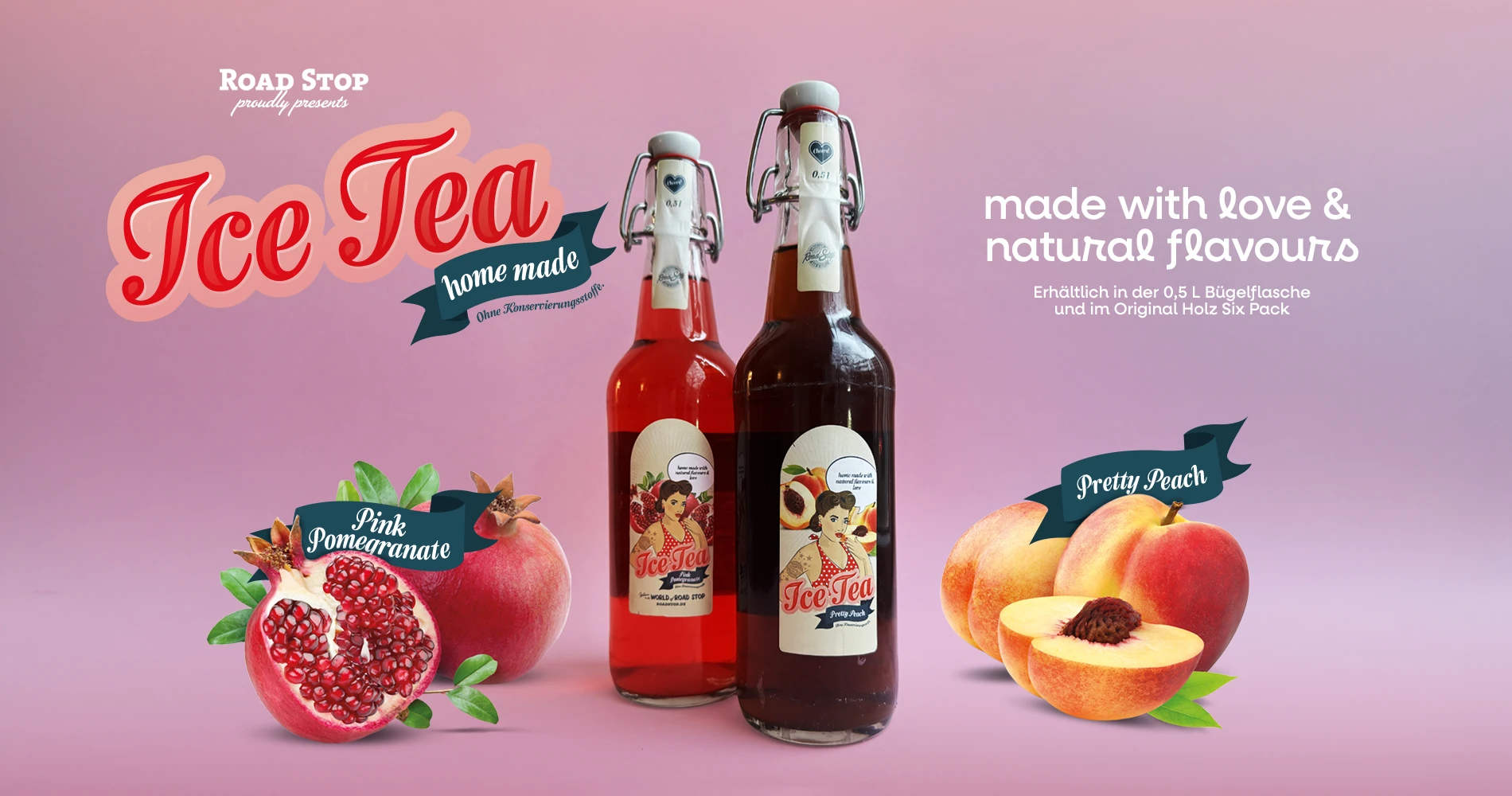 Ice-Tea-Kampagnenmotiv mit zwei Flaschen, Früchten und Schrift auf rosafarbenem Hintergrund