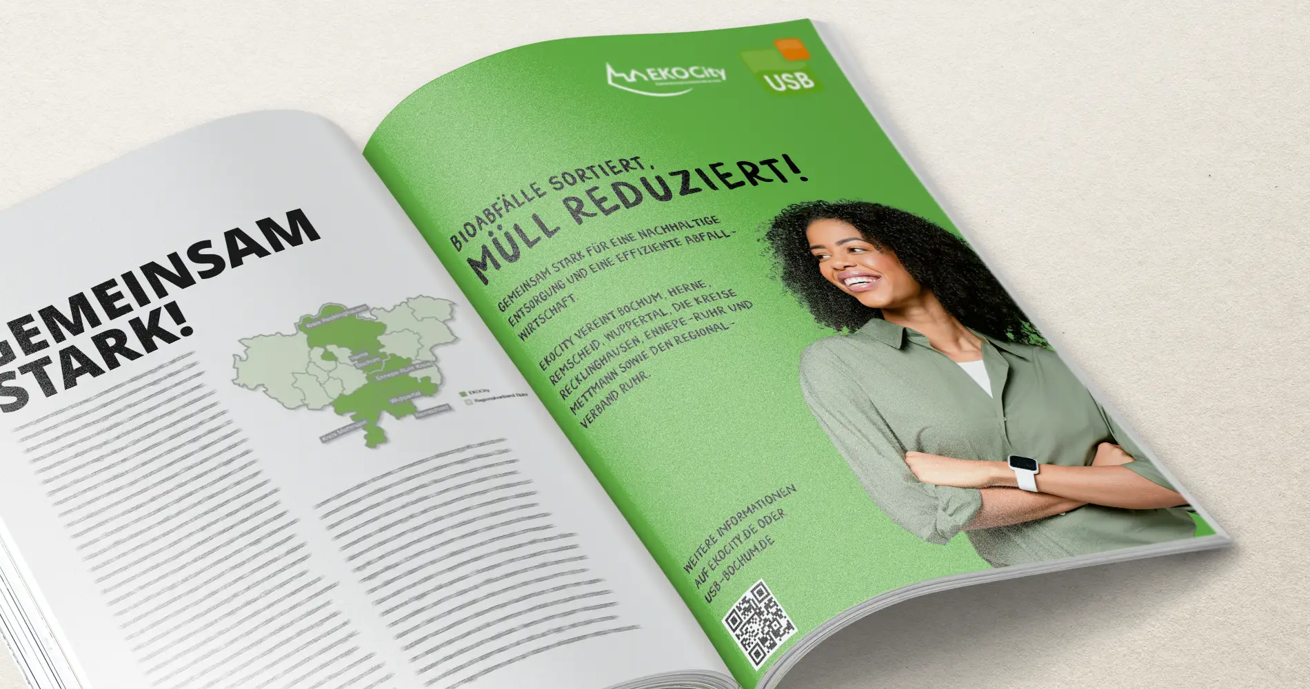 Magazinanzeige der USB EKO City Kampagne mit Person und Informationen zur Bioabfalltrennung