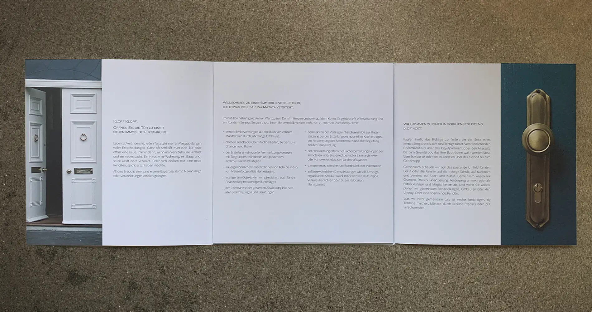 Mehrseitig aufgeklappte Broschüre von Guyenz Immobilien mit Bild, Text und Detailaufnahme