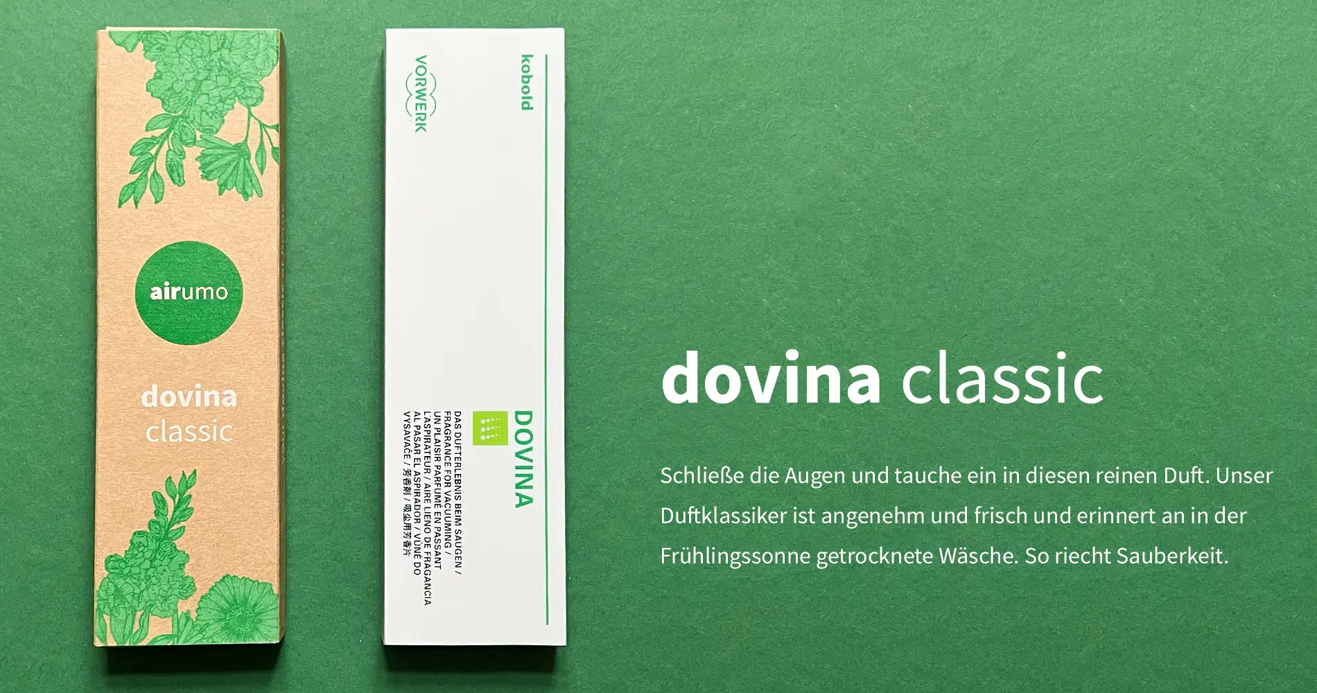 Produktdarstellung des Kobold Airumo Dufts „Dovina Classic“ mit Verpackung in grüner Farbwelt