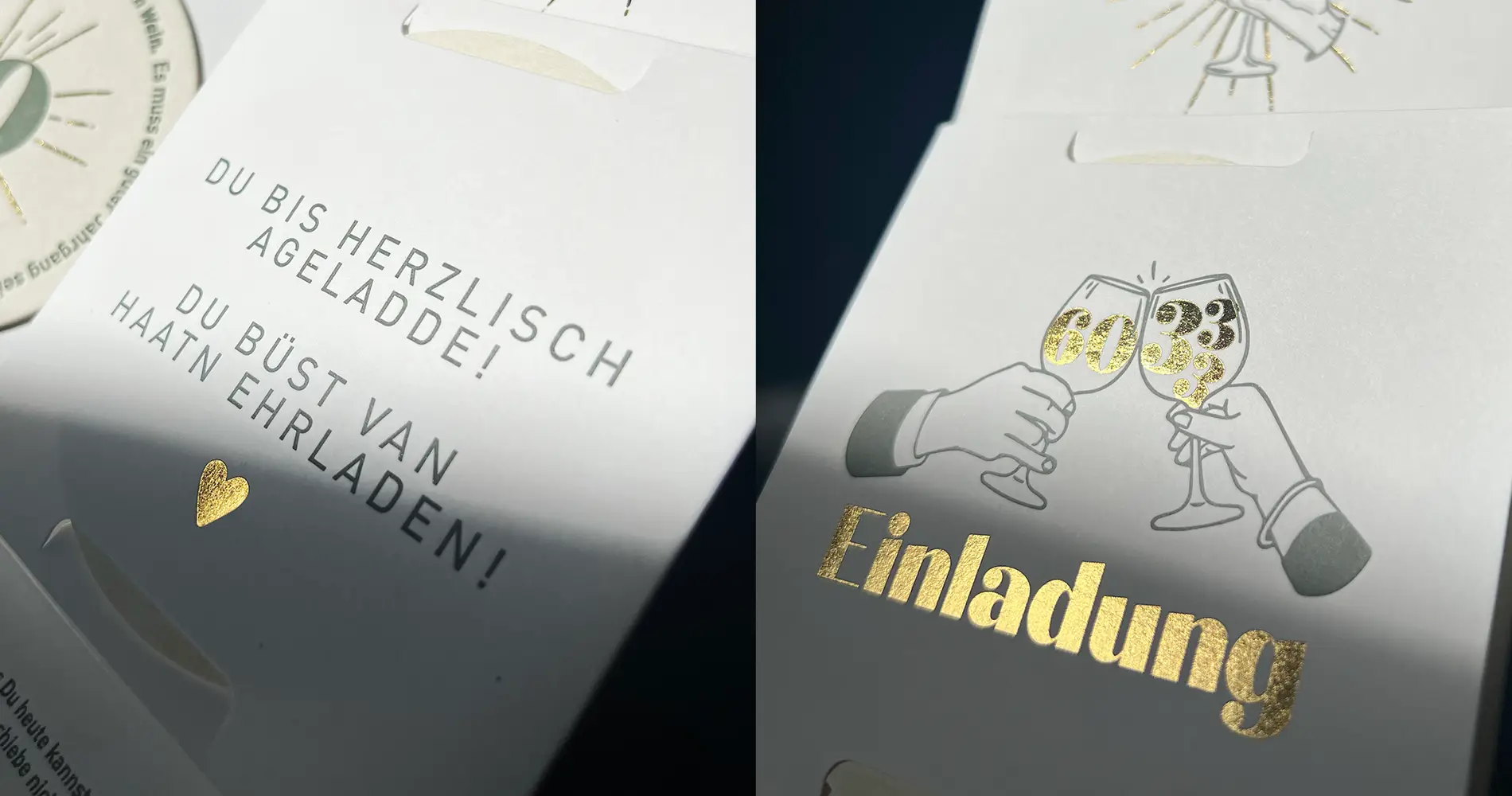 Detail Eventeinladung Typografie Goldprägung Illustration
