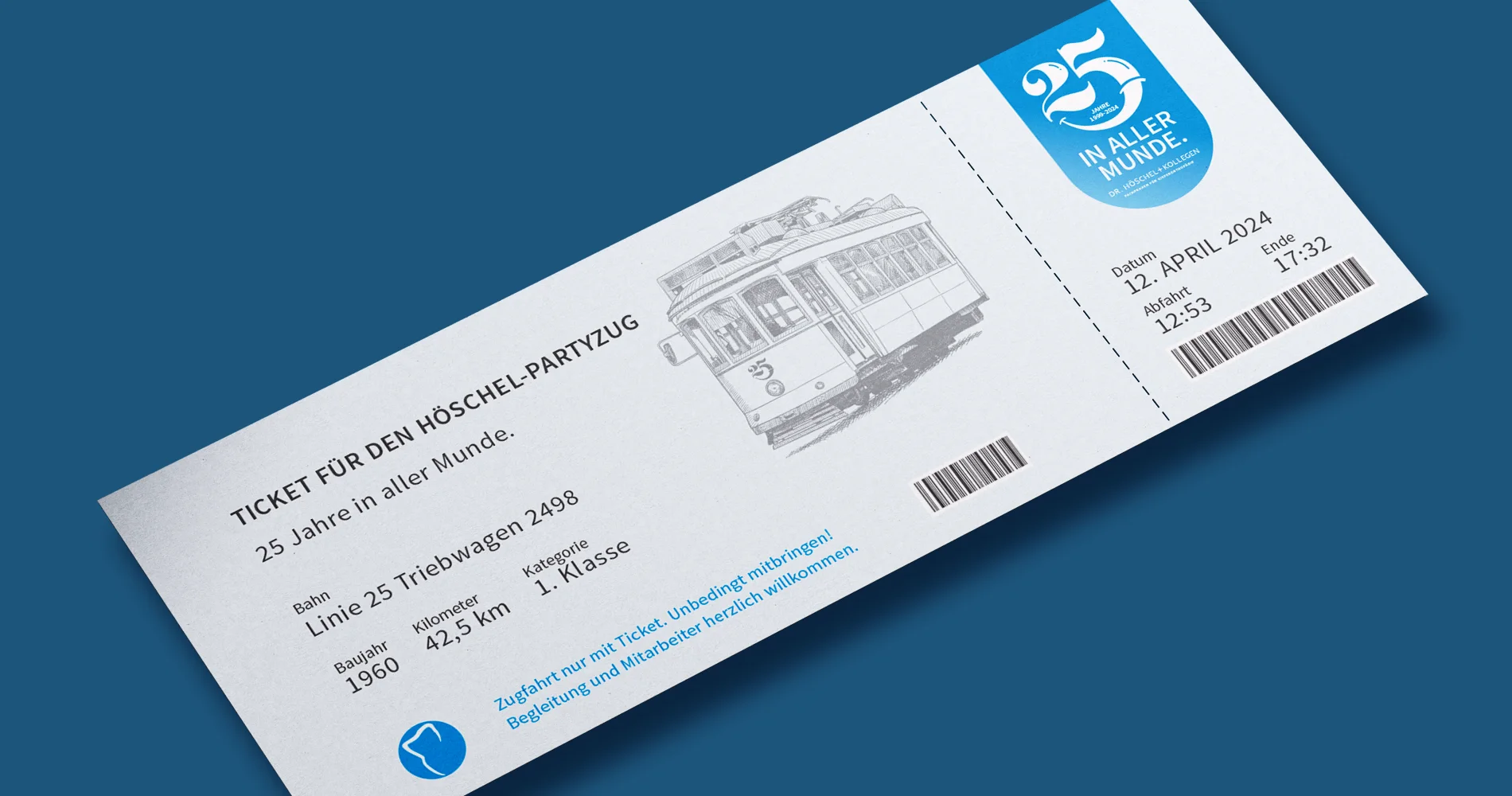 Eintrittskarte im Stil eines Straßenbahn-Tickets mit Illustration, Fahrtdaten und Jubiläumsbranding „25 Jahre in aller Munde“
