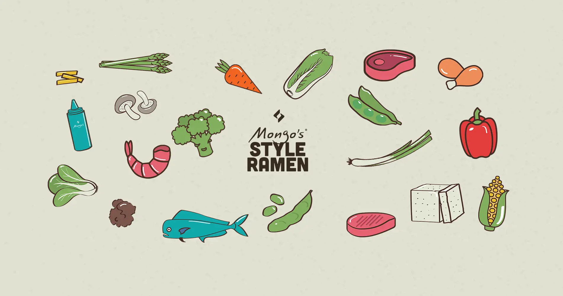 Illustrationsset mit verschiedenen Zutaten wie Gemüse, Fleisch und Fisch für ein gastronomisches Konzept