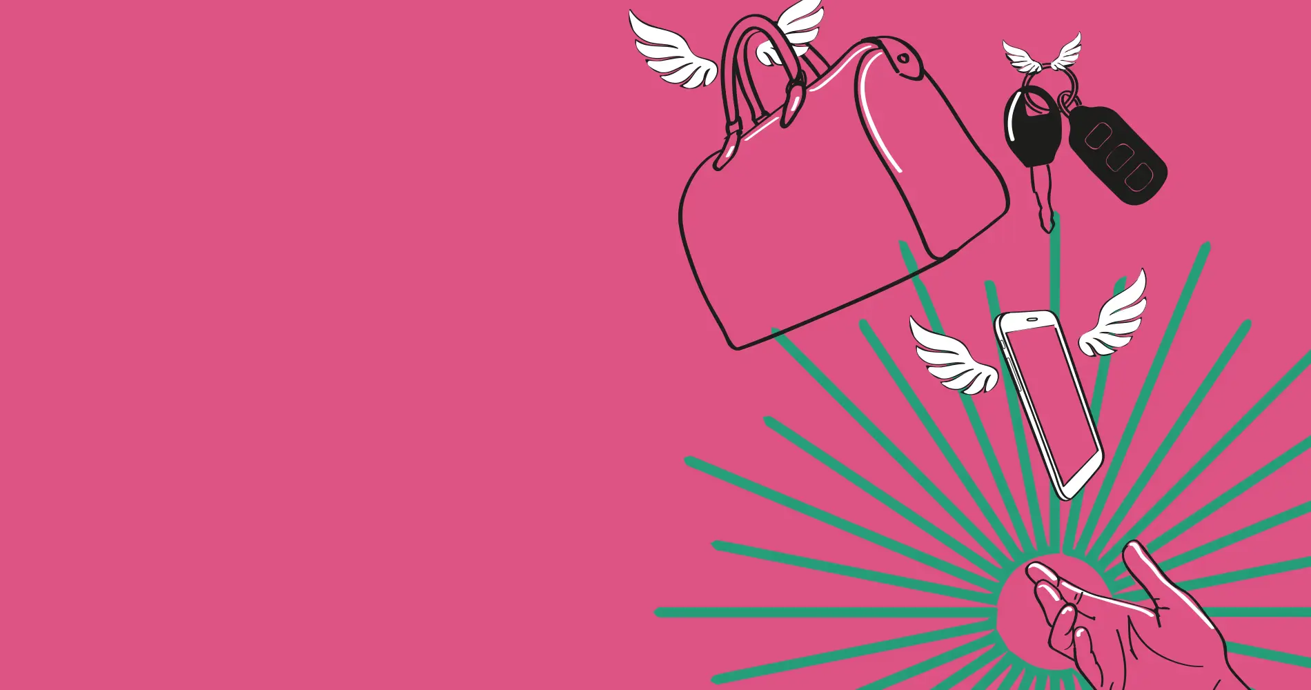 Illustration mit fliegenden Alltagsgegenständen wie Tasche, Smartphone und Autoschlüssel auf pinkem Hintergrund