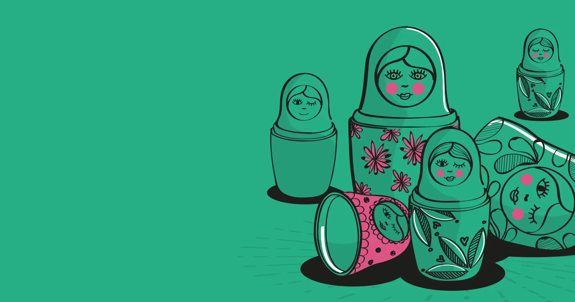 Illustration von mehreren Matroschka-Figuren mit floralen Mustern auf grünem Hintergrund