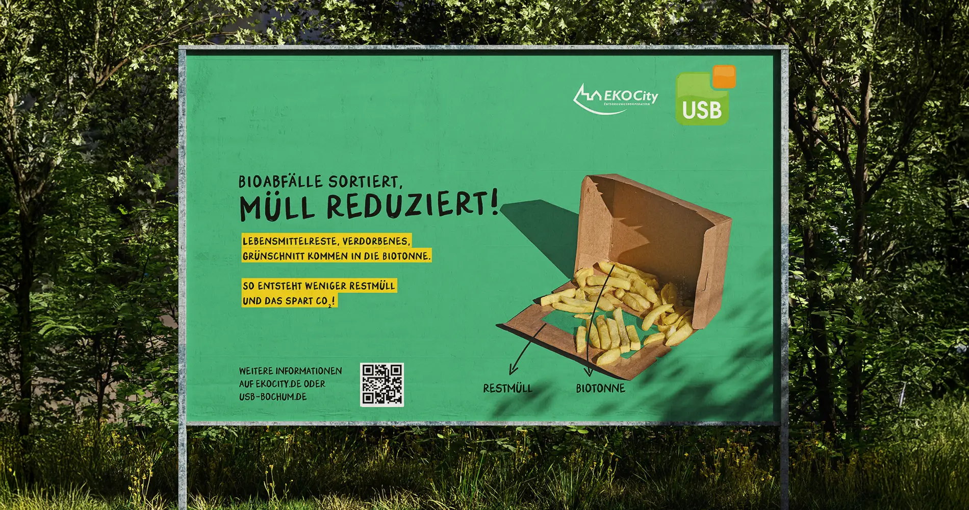 Plakat der USB EKO City Kampagne mit Illustration von Bioabfällen zur Erklärung der richtigen Mülltrennung