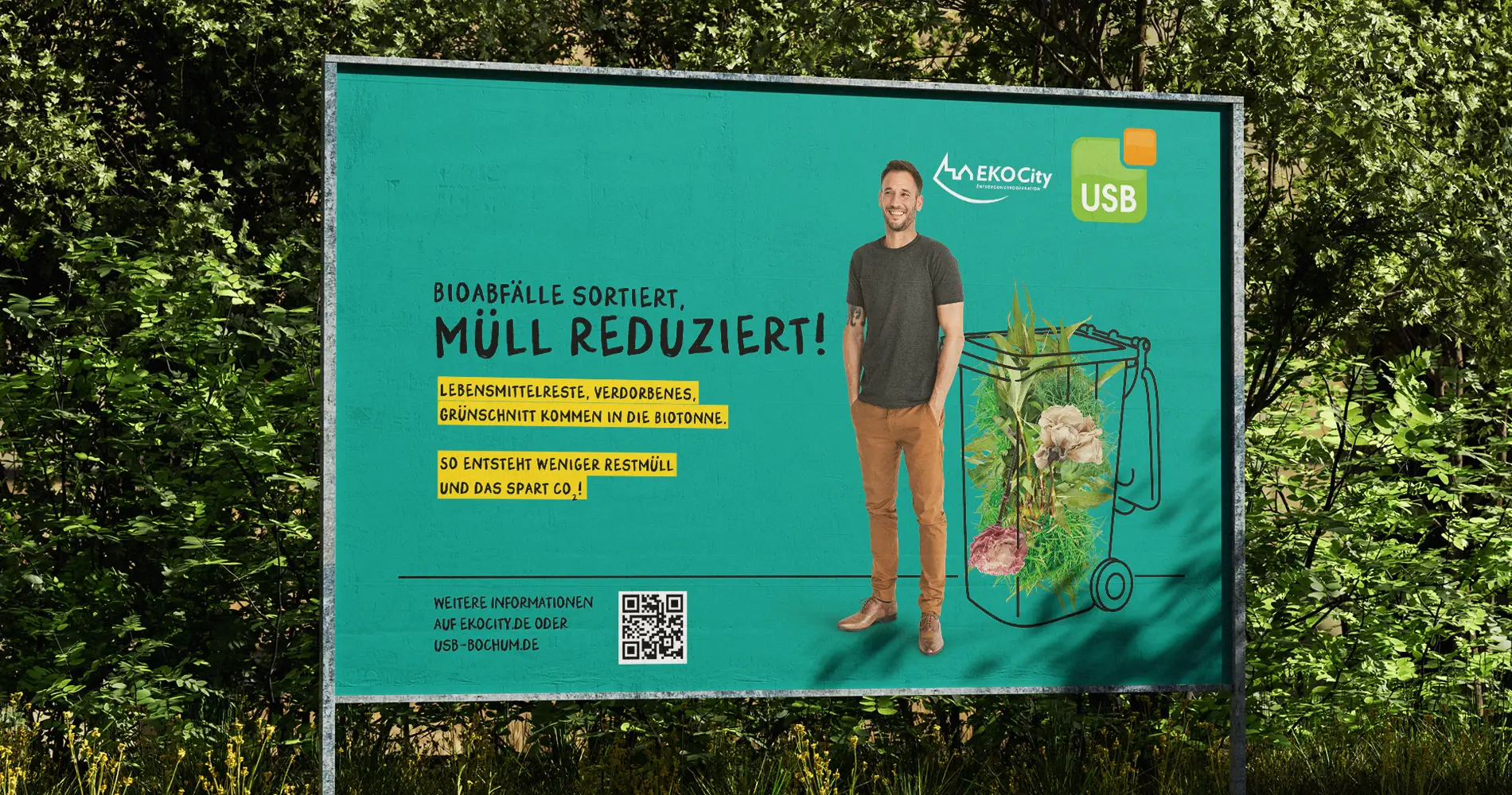 Plakat der USB EKO City Kampagne mit Person und Illustration zur Mülltrennung im öffentlichen Raum