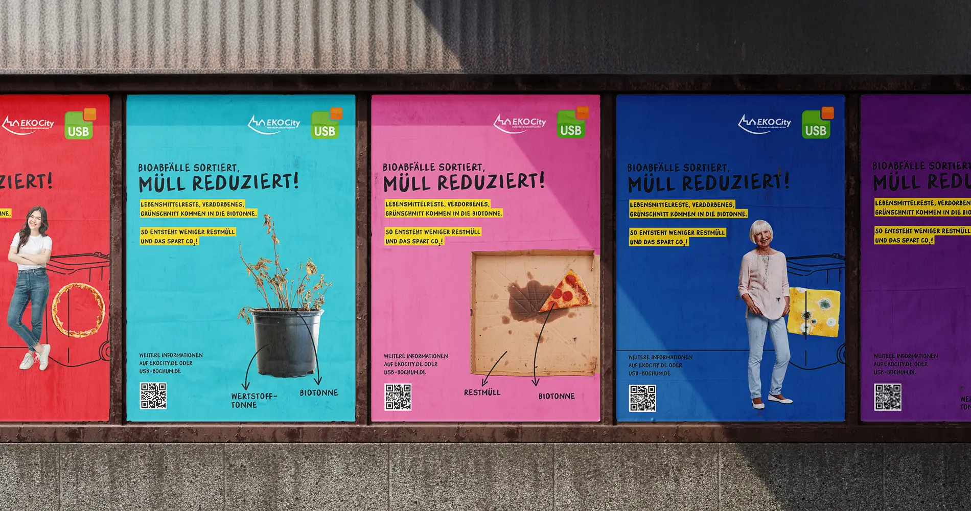 Plakatreihe der USB EKO City Kampagne zur Mülltrennung im öffentlichen Raum mit farblich variierenden Motiven