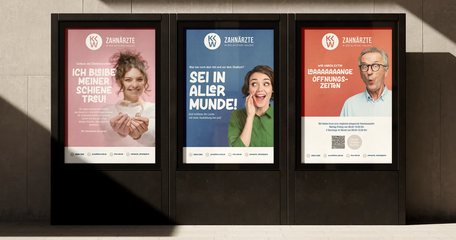 Serie von City-Light-Postern der Zahnarztpraxis KKW mit humorvollen Claims und aufmerksamkeitsstarker Patientenkommunikation.