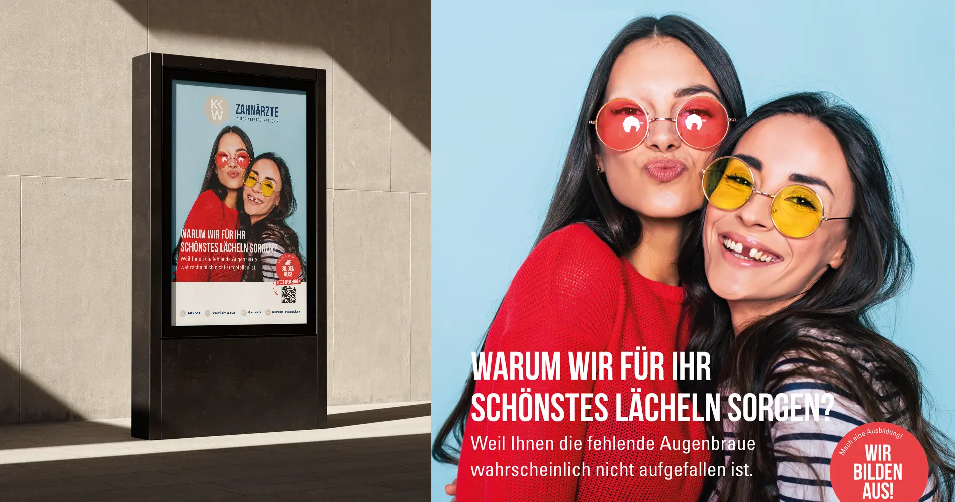 Gestaltung einer Recruiting-Kampagne für die Zahnarztpraxis KKW – Zahnärzte in der Altstadt-Galerie. Das City-Light-Poster kombiniert emotionale Bildsprache, markante Typografie und moderne Arbeitgeberkommunikation zur gezielten Ansprache neuer Fachkräfte.
