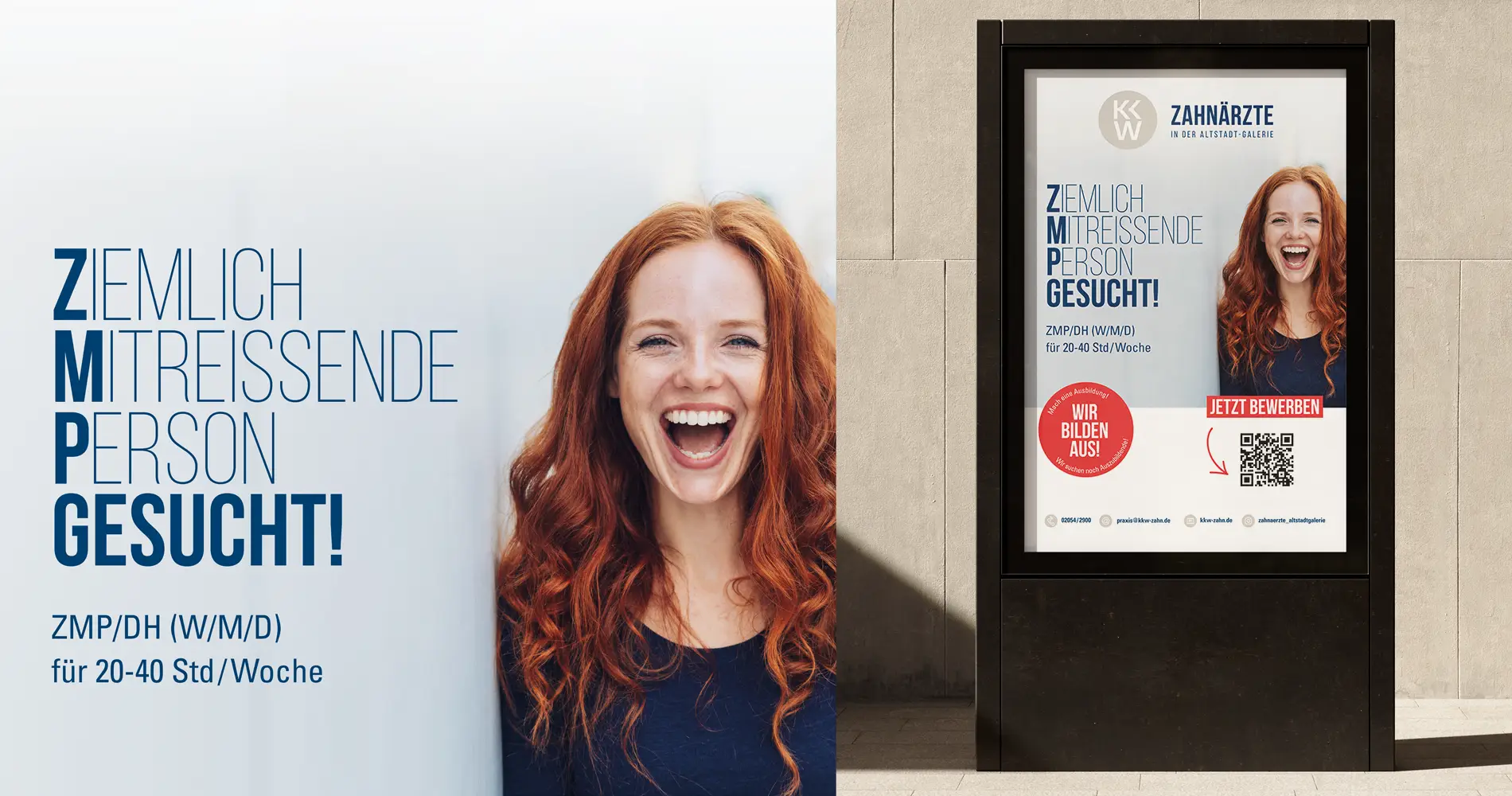 City-Light-Poster der Zahnarztpraxis KKW zur Mitarbeitergewinnung mit auffälliger Typografie und sympathischem Portraitmotiv.