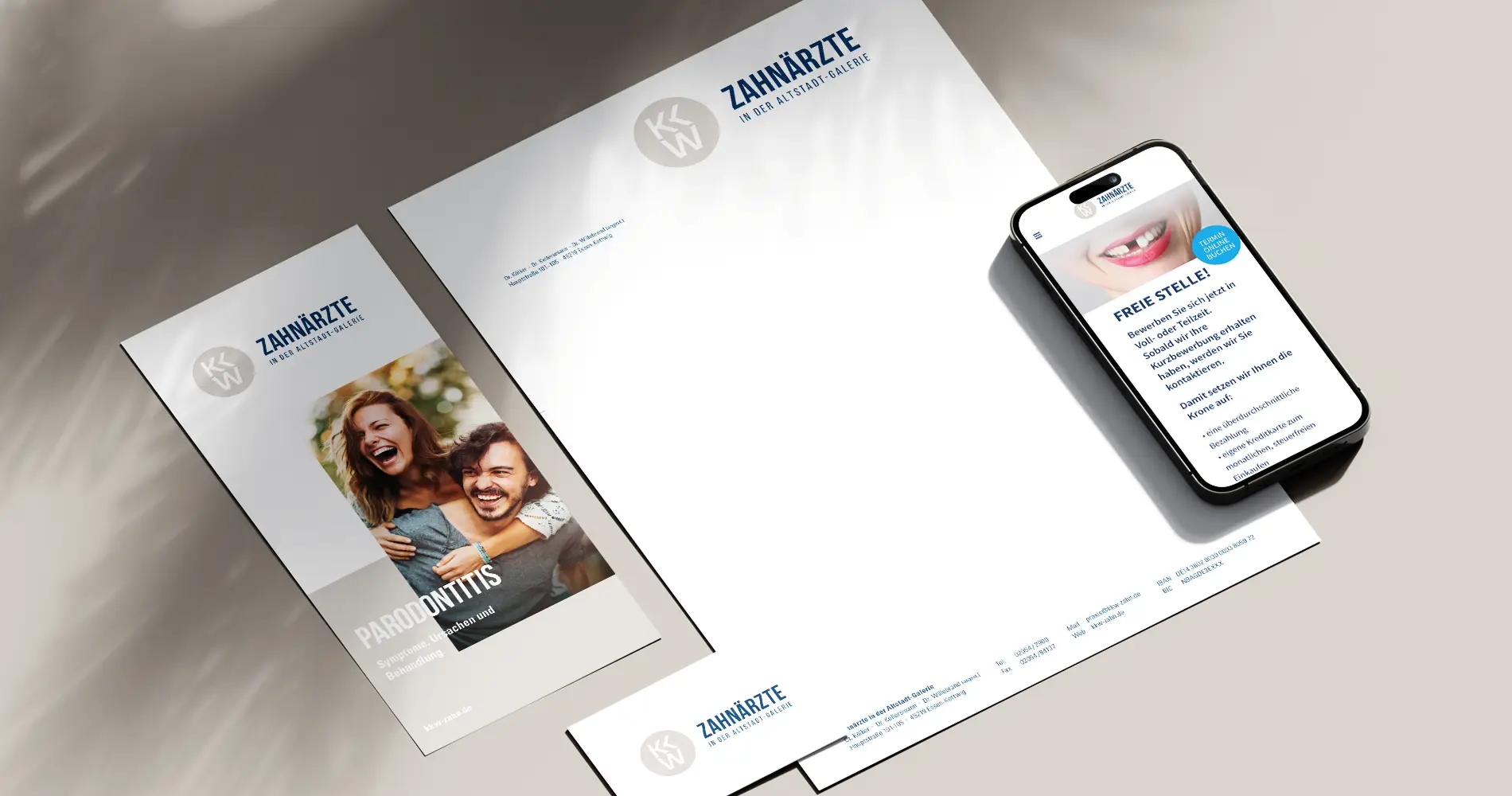 Geschäftsausstattung der Zahnarztpraxis KKW mit Briefpapier, Flyer und mobiler Recruiting-Ansicht im modernen Corporate Design.