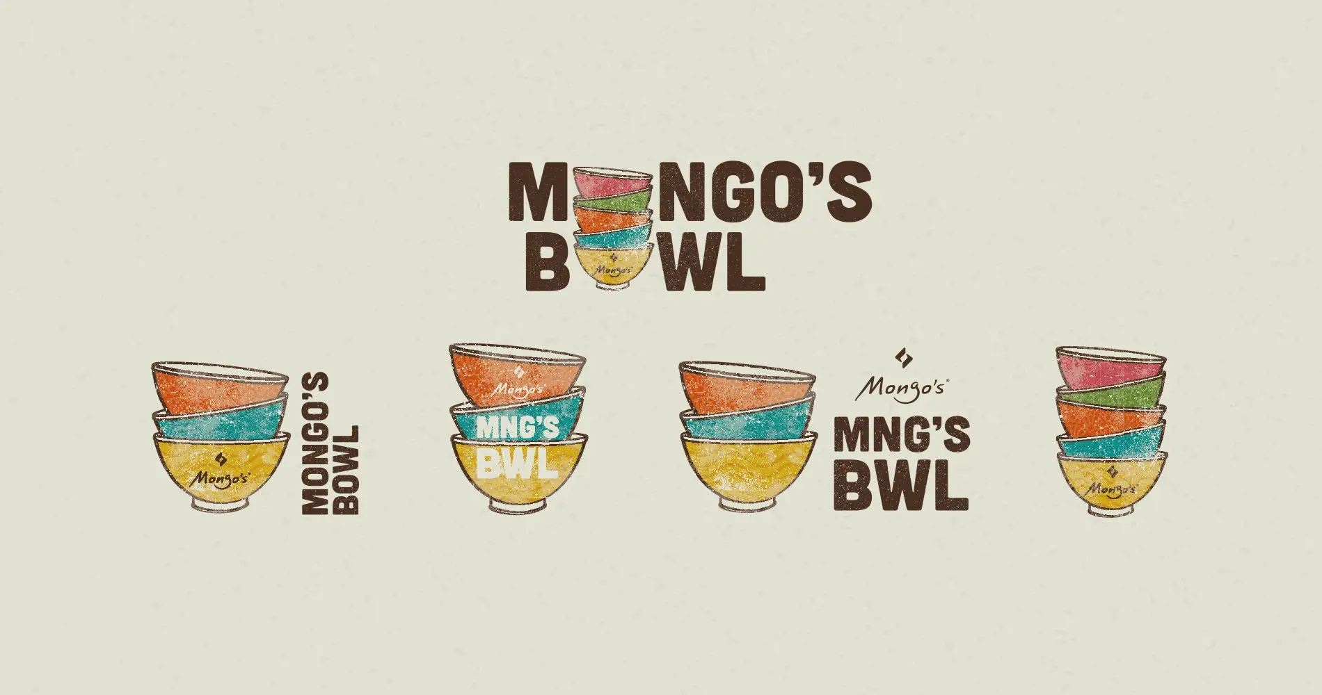 Varianten des Mongo’s Bowl Logos mit gestapelten Schalen in unterschiedlichen Farbversionen