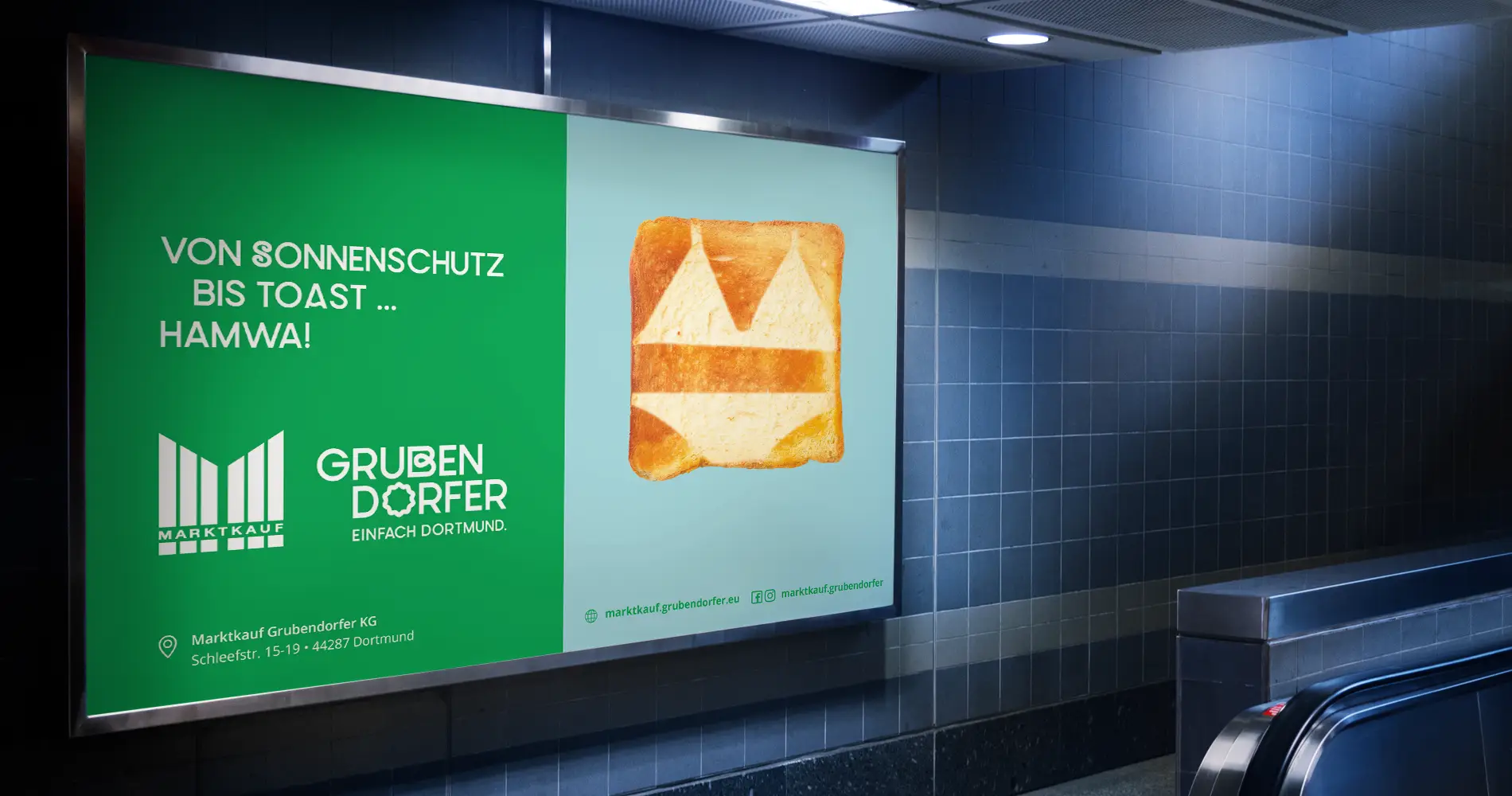 Werbeplakat von Marktkauf Grubendorfer Dortmund mit Kampagnenmotiv ‚Von Sonnenschutz bis Toast‘ im urbanen Raum