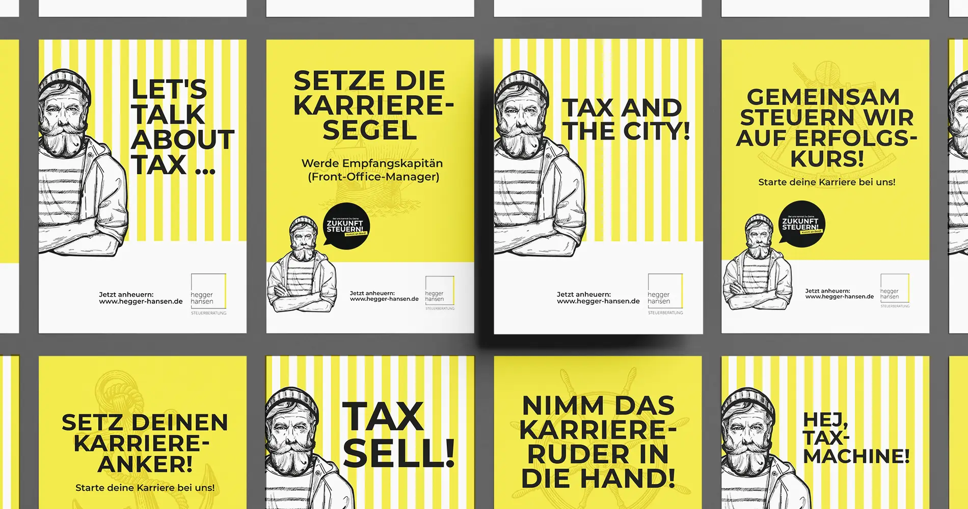 Serie von Recruiting-Postkarten für Hegger Hansen mit unterschiedlichen Headlines und Illustrationen im einheitlichen Kampagnenstil