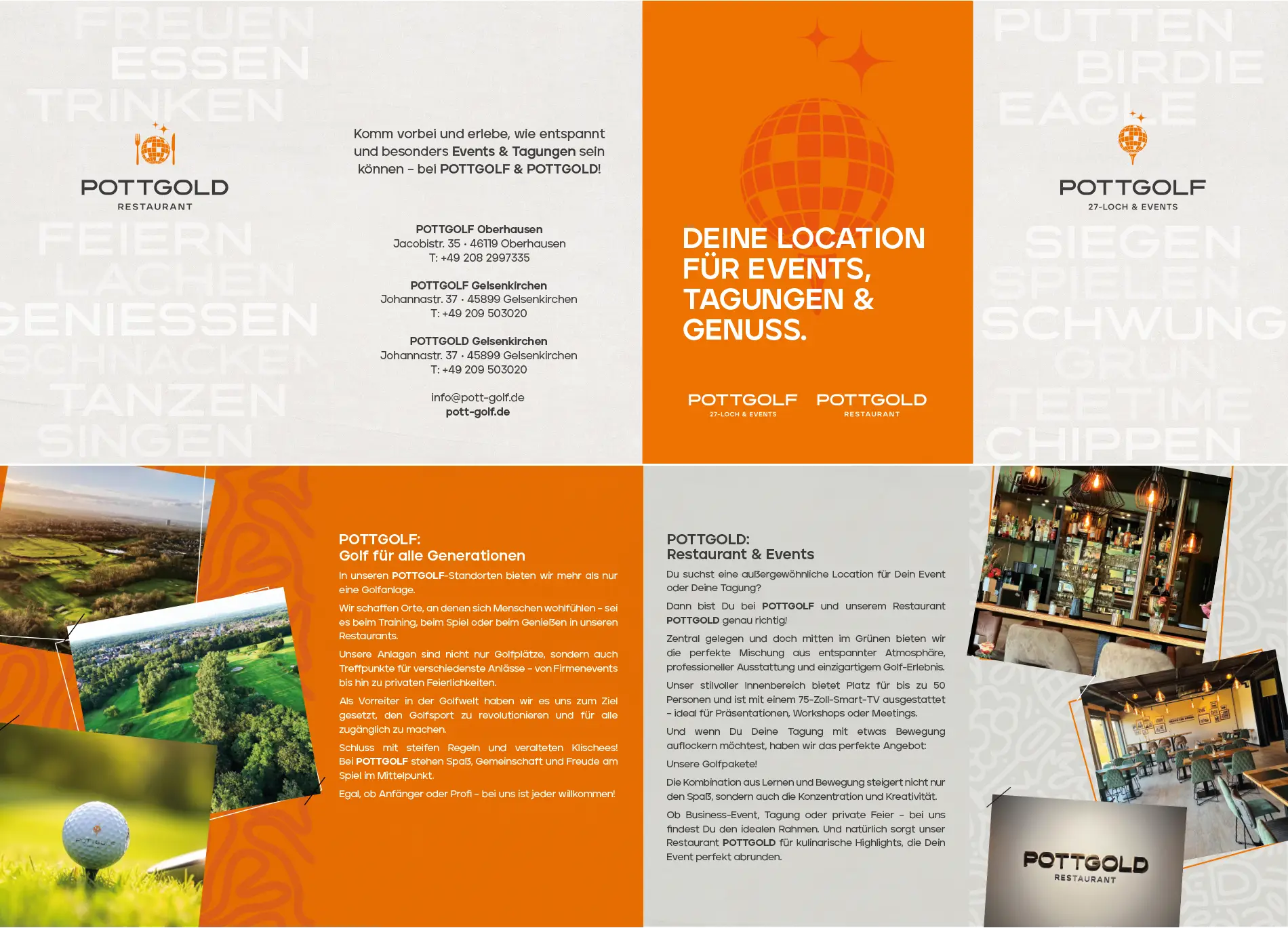 Schräg liegender Flyer für Pottgolf mit Illustration auf orangem Hintergrund