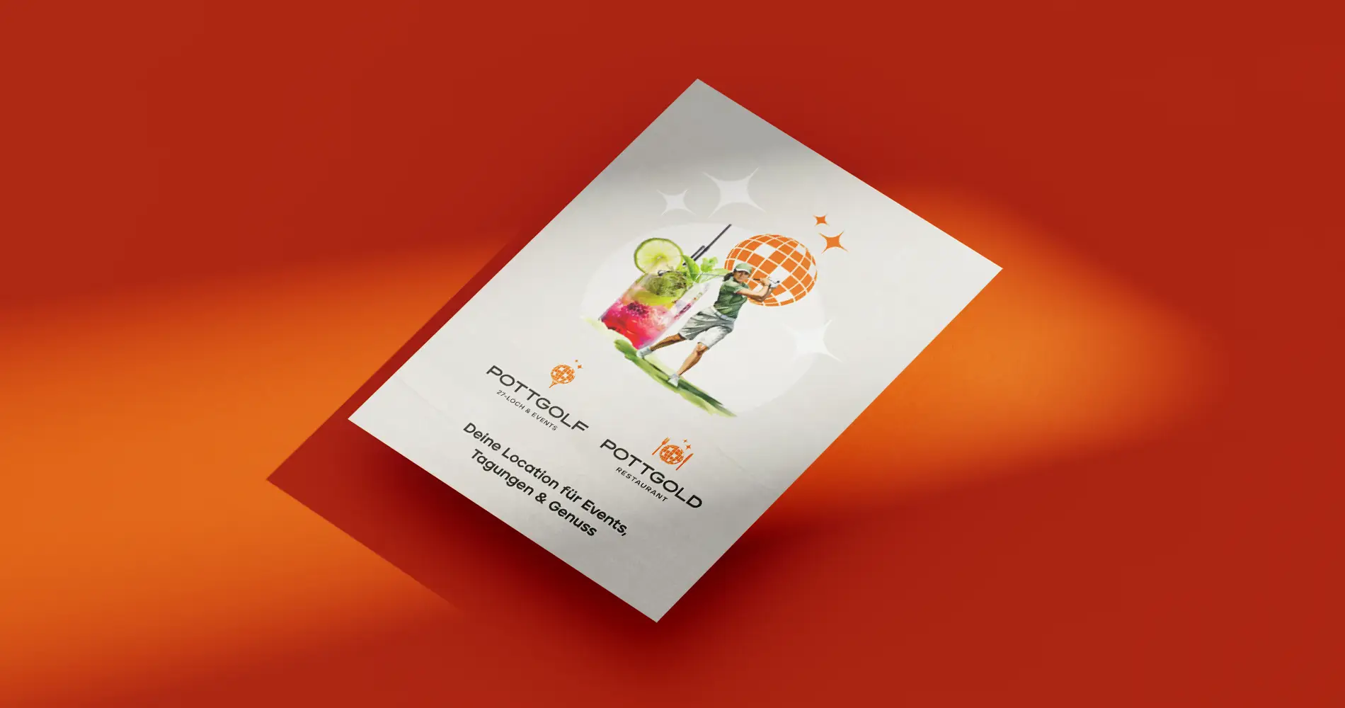 Schräg liegender Flyer für Pottgolf mit Illustration auf orangem Hintergrund
