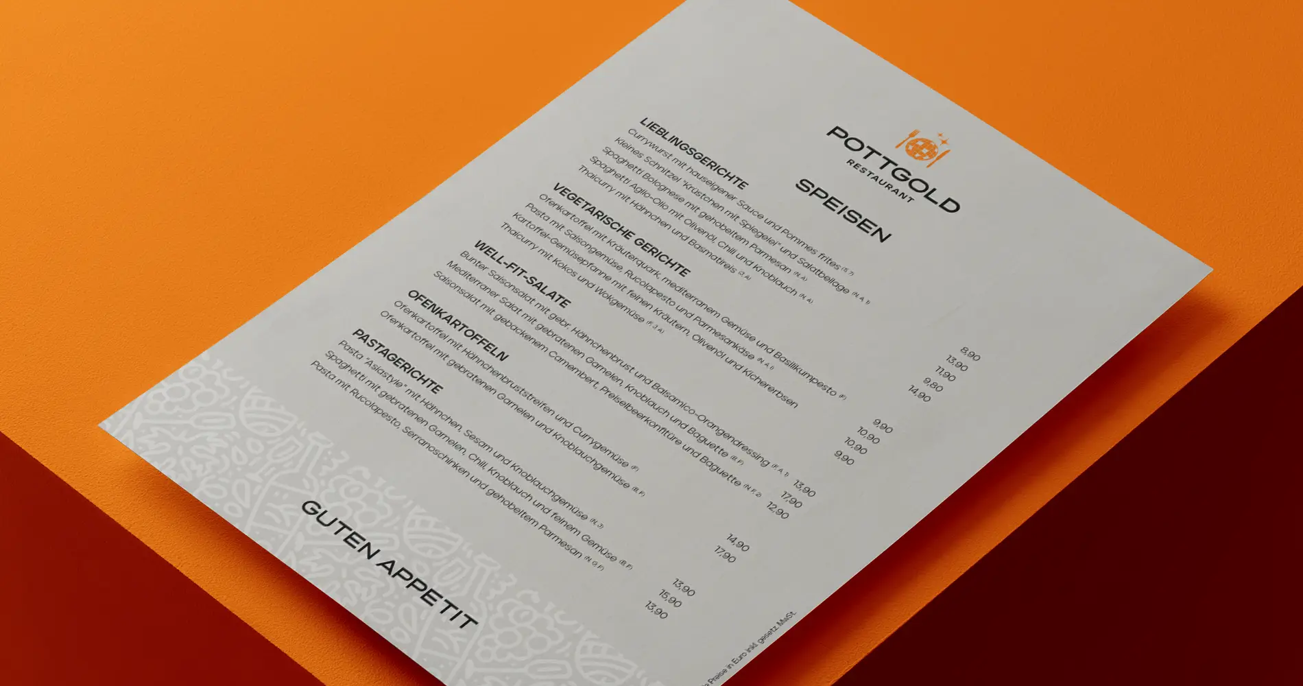 Minimalistisch gestaltete Speisekarte von Pottgold auf orangefarbenem Untergrund mit klarer Typografie und strukturierter Inhaltsführung