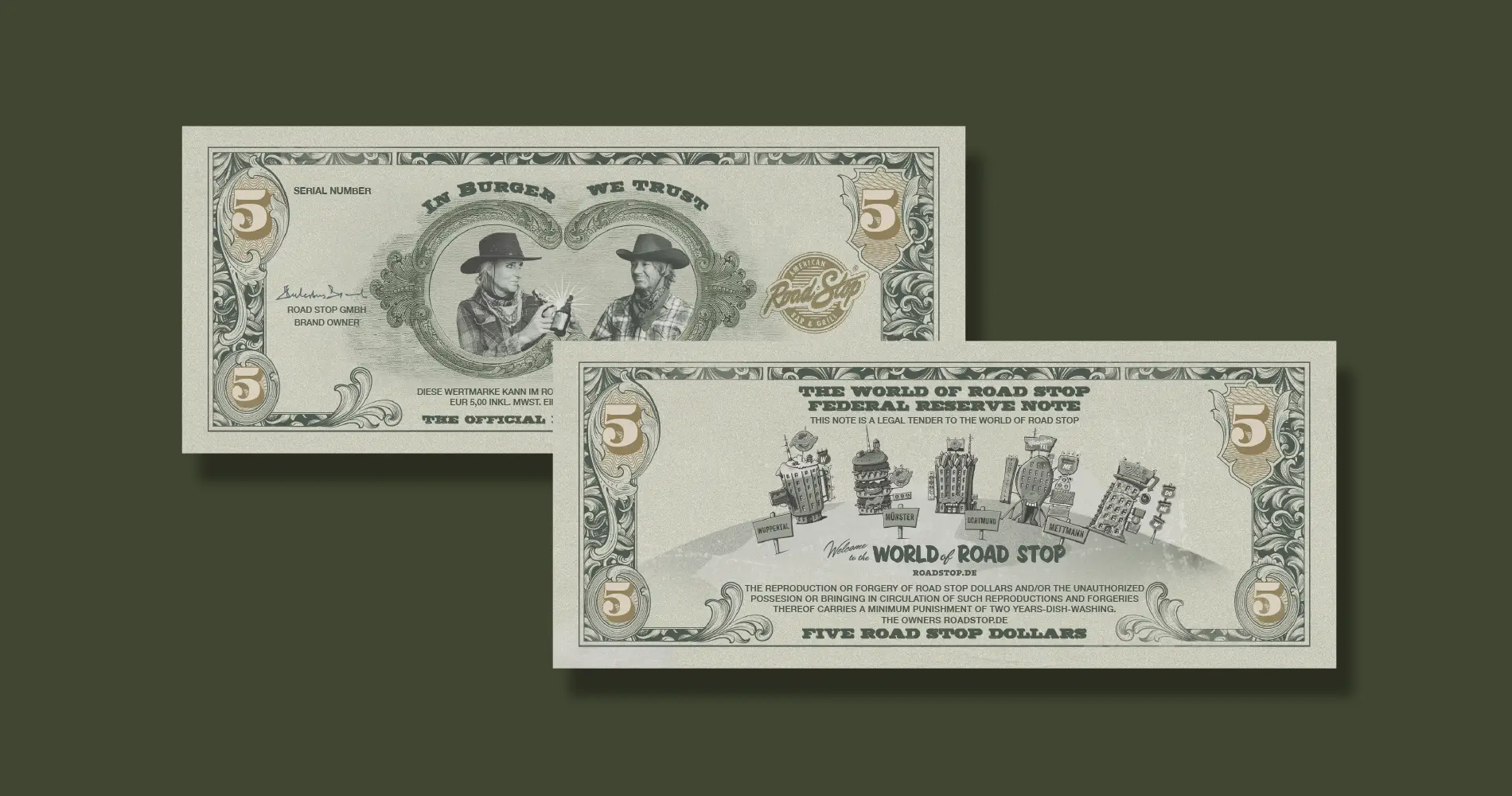 Gestaltete Road Stop Dollar-Scheine im American-Diner-Stil als Branding-Element