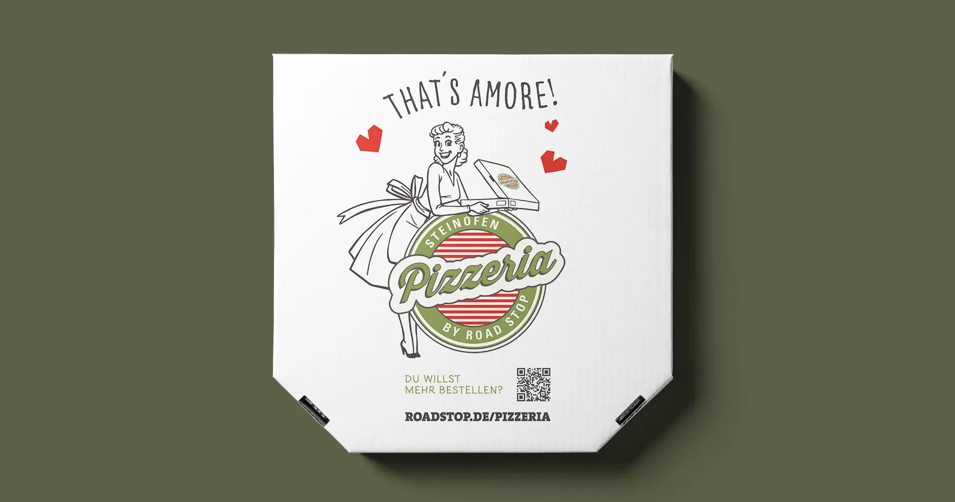 Gestalteter Pizzakarton im Retro-Stil für Road Stop Pizzeria mit Illustration und Branding
