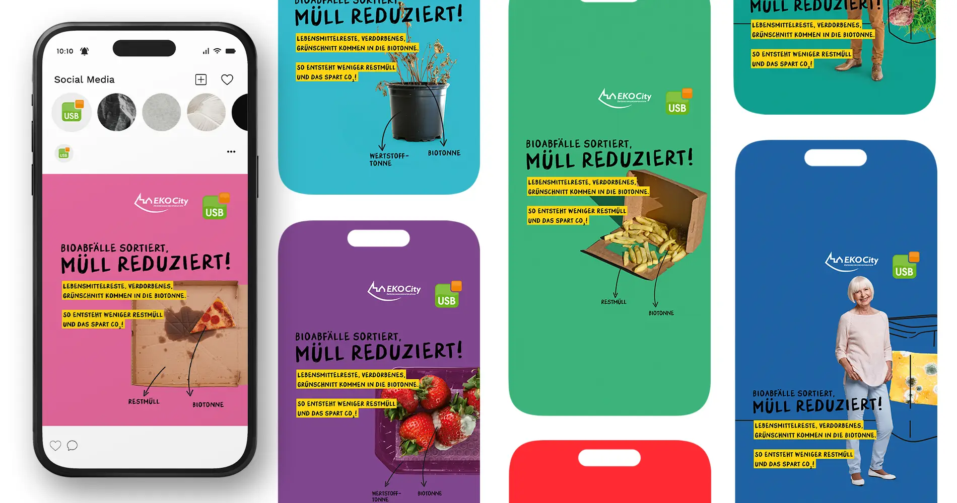 Social-Media-Visuals der USB EKO City Kampagne zur Mülltrennung mit farbigen Motiven und klaren Botschaften