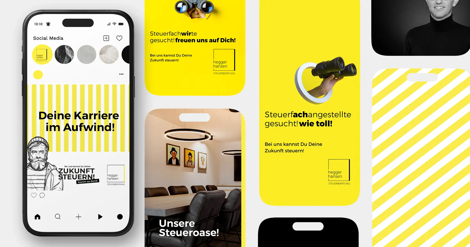 Social-Media-Designs der Steuerberatung Hegger Hansen mit Recruitingbotschaften und markantem gelben Kampagnenstil