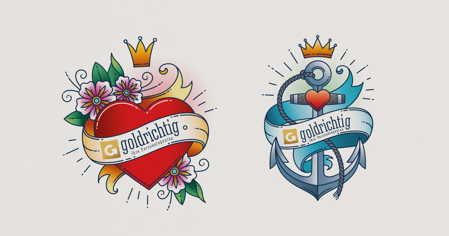 Zwei Tattoo-Illustrationen mit Herz und Anker im klassischen Stil für goldrichtig