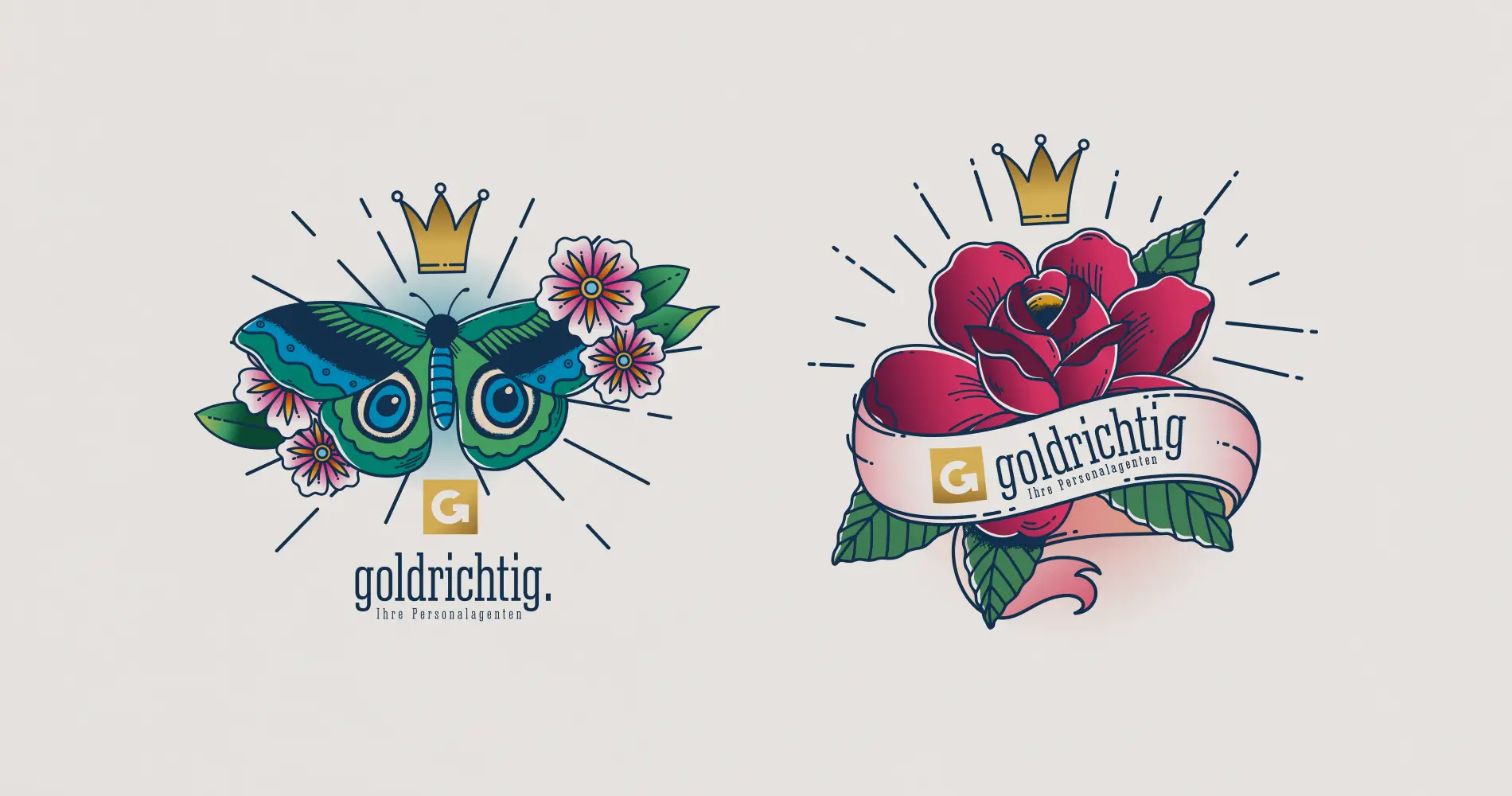 Zwei Tattoo-Illustrationen mit Schmetterling und Rose im Retro-Stil für goldrichtig