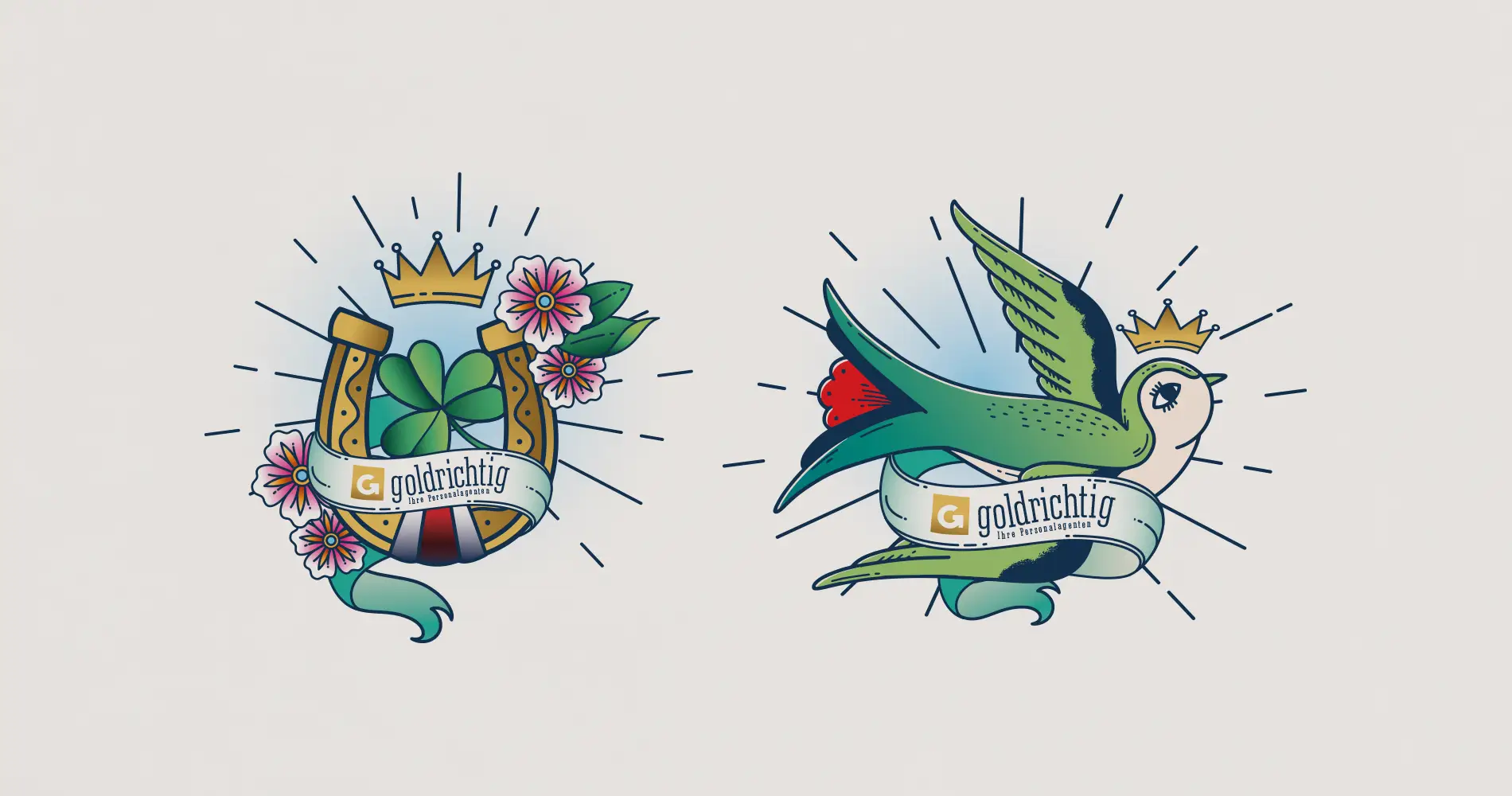 Zwei Tattoo-Illustrationen mit Hufeisen und Vogel im klassischen Stil für goldrichtig