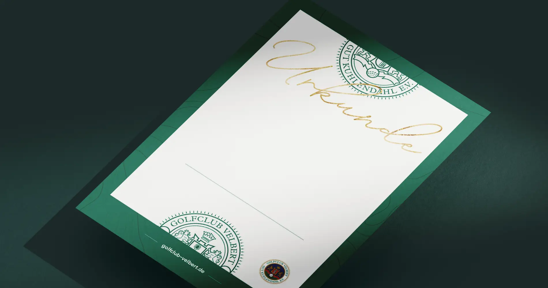 Urkunde des Golfclub Velbert mit hochwertigem Layout und goldener Schrift