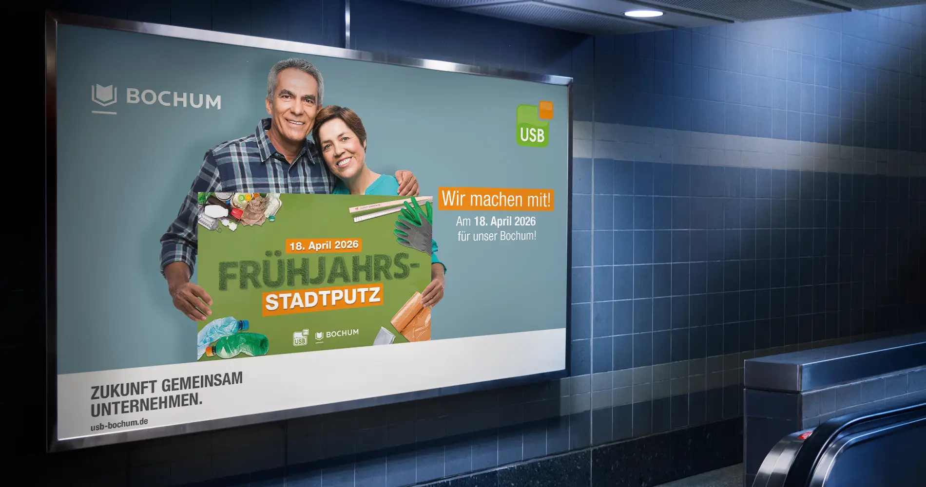 USB Frühjahrs-Stadtputz Bochum 2026 Plakatkampagne in U-Bahn Station
