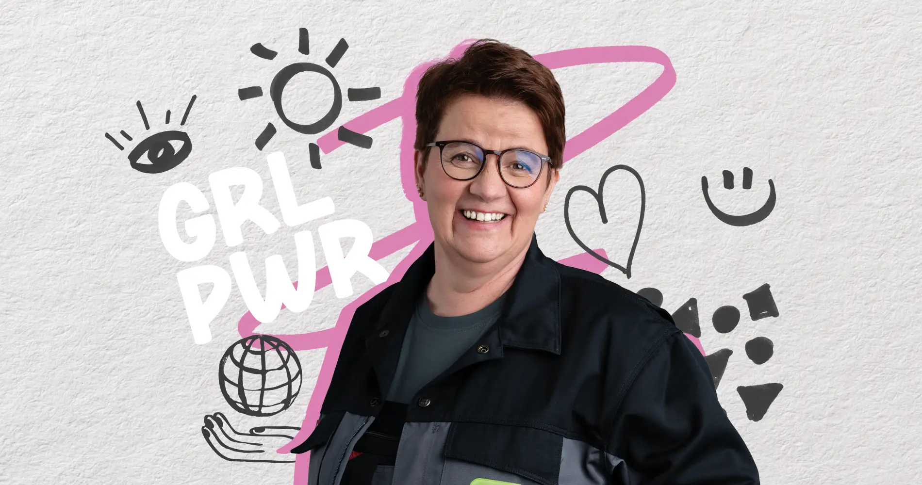 Mitarbeiterin der USB in Arbeitskleidung aus Recruitingkampagne für Jobs in der Entsorgungsbranche mit illustrativen Elementen im Hintergrund