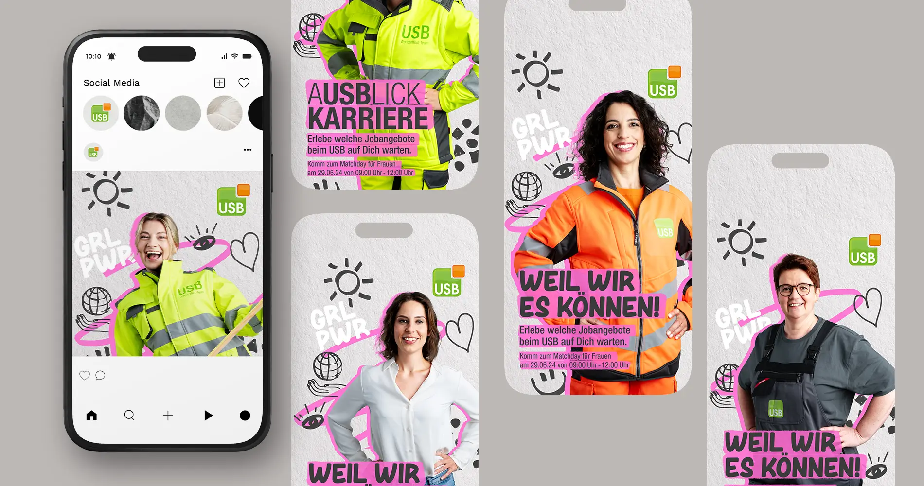 USB Recruitingkampagne Social Media Motive für Jobs in Entsorgung und Abfallwirtschaft mit Mitarbeitenden in Arbeitskleidung