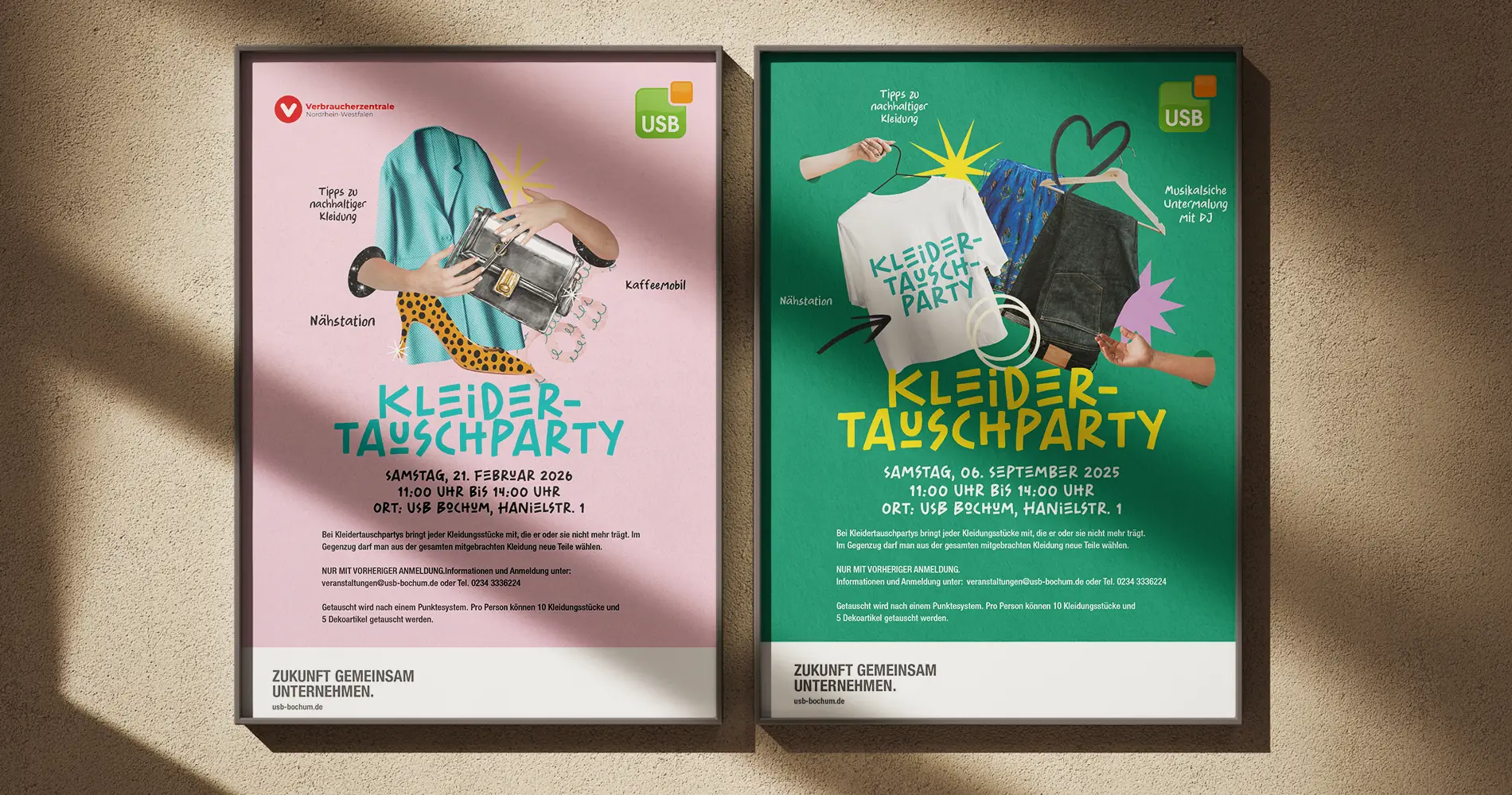 Zwei USB Poster zur Kleider-Tausch-Party mit unterschiedlichen Farbkonzepten