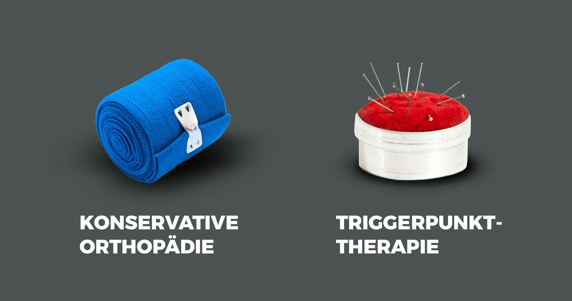 Visual zur Orthopädie Schröder mit Bandage und Nadelkissen zur Darstellung konservativer Orthopädie und Triggerpunkttherapie