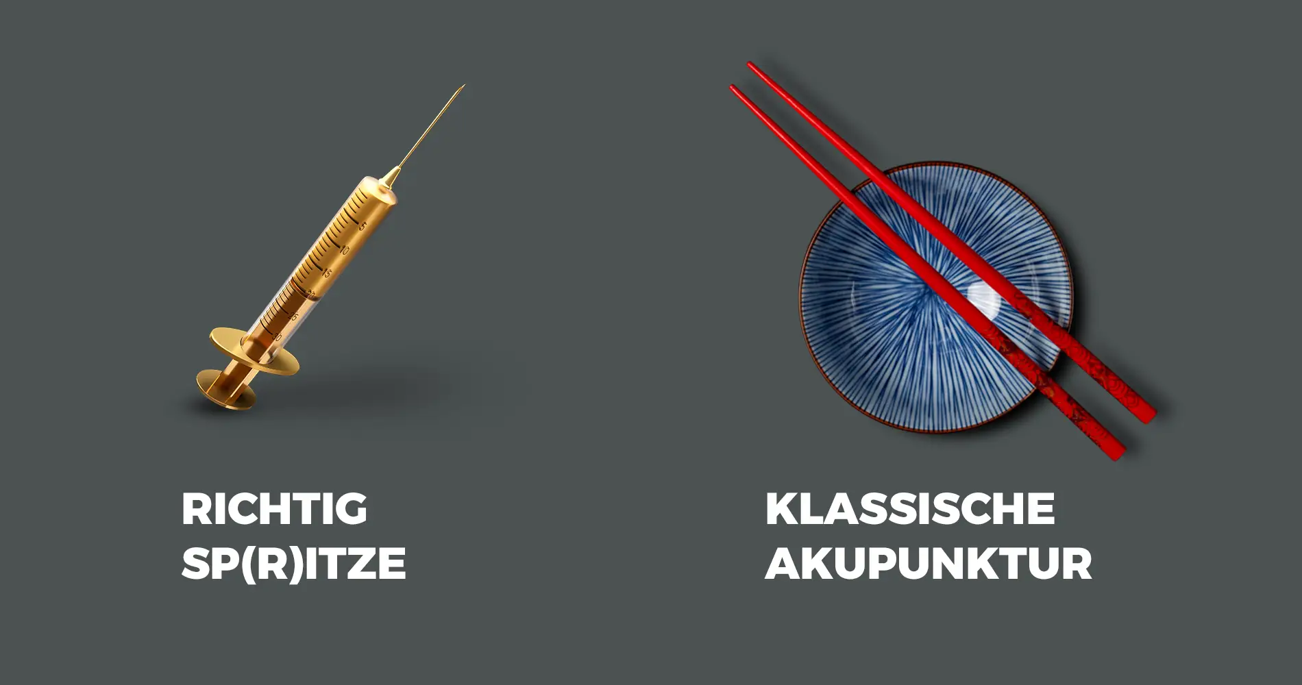 Visual zur Orthopädie Schröder mit Spritze und Akupunkturmotiv sowie den Aussagen „Richtig Sp(r)itze“ und „Klassische Akupunktur“