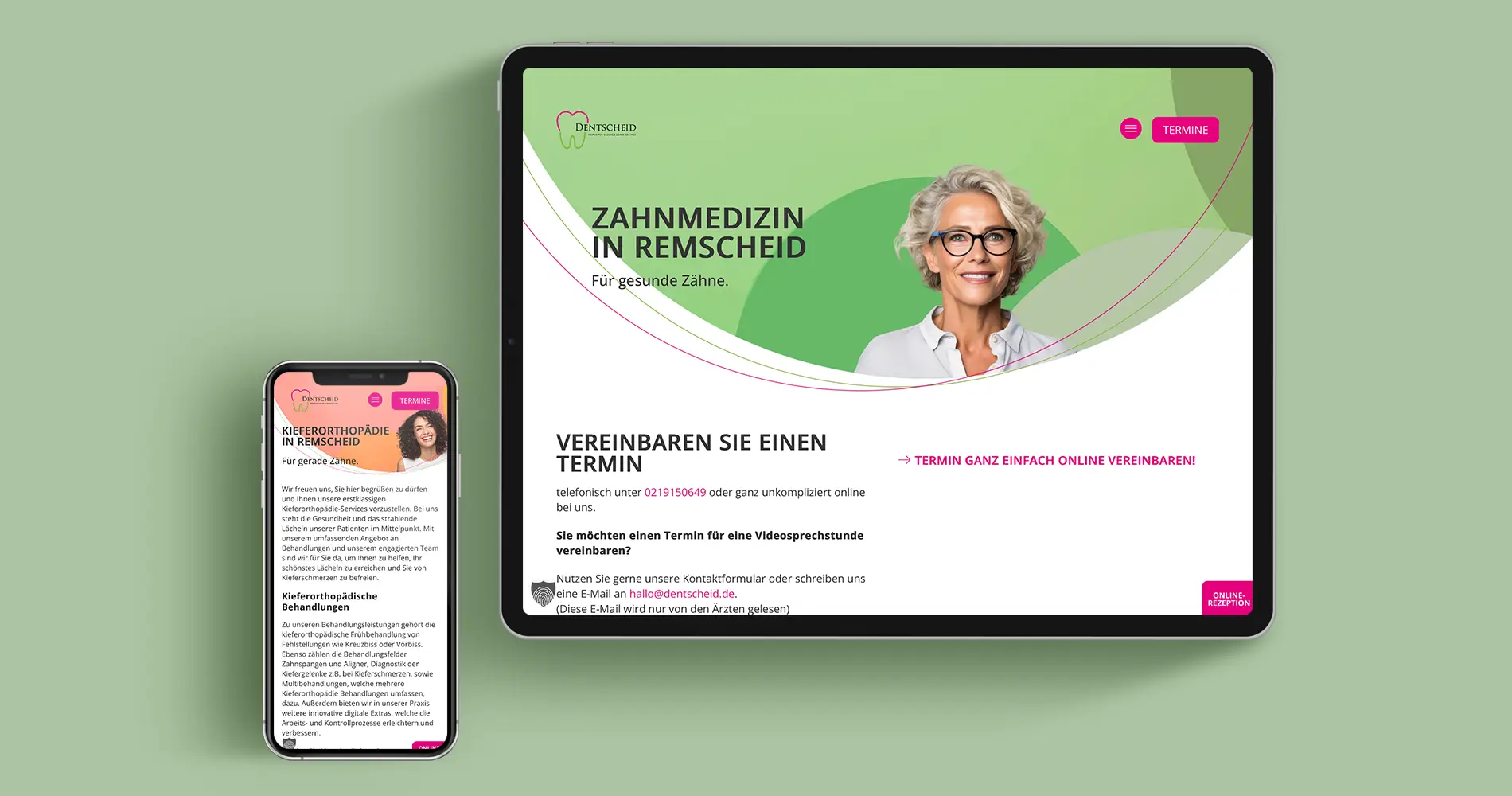 Responsive Webdesign für eine Zahnarztpraxis mit Darstellung auf Tablet und Smartphone