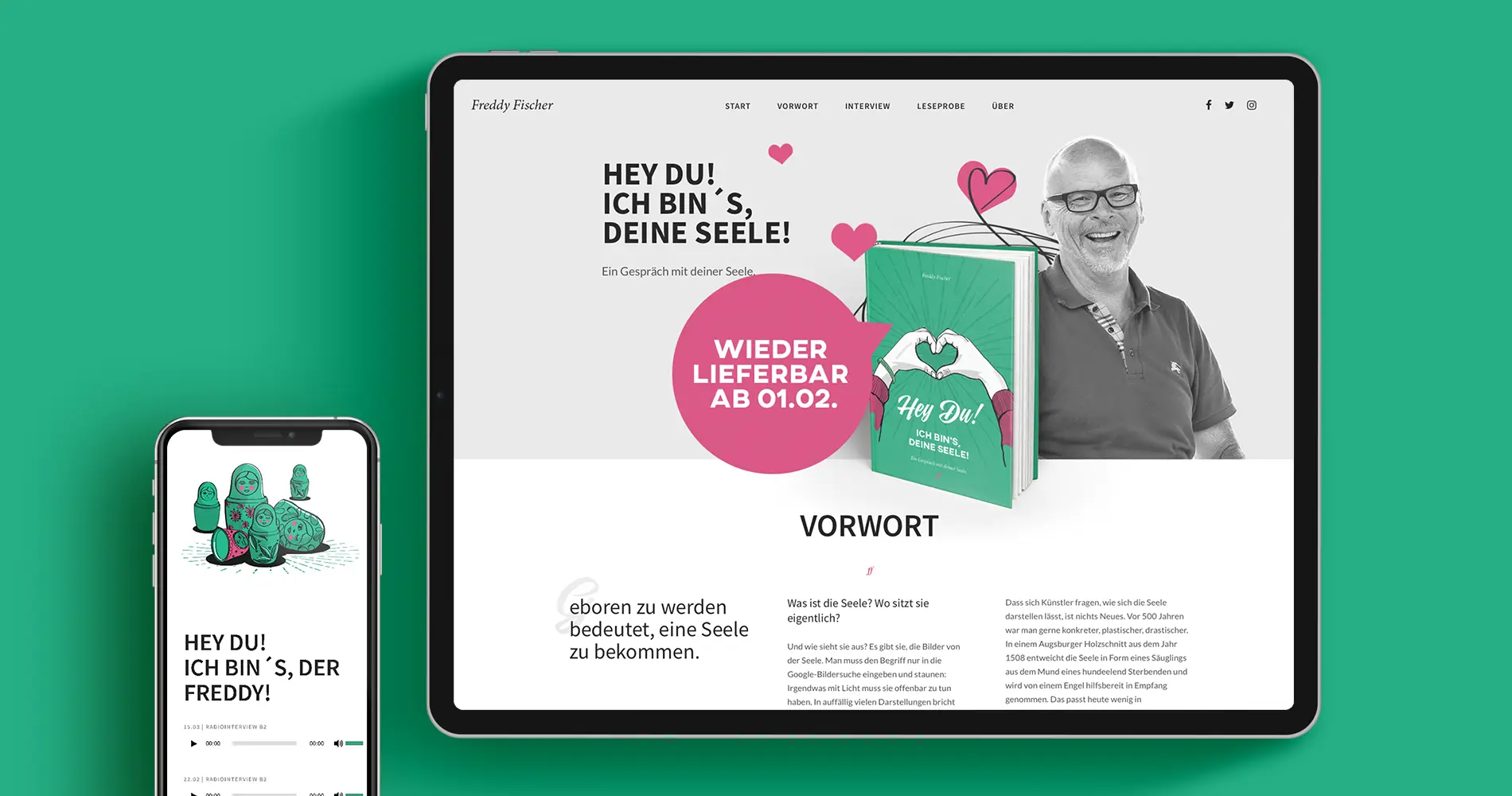 Website-Design für das Buch „Hey Du! Ich bin’s, deine Seele“ dargestellt auf Tablet und Smartphone vor grünem Hintergrund