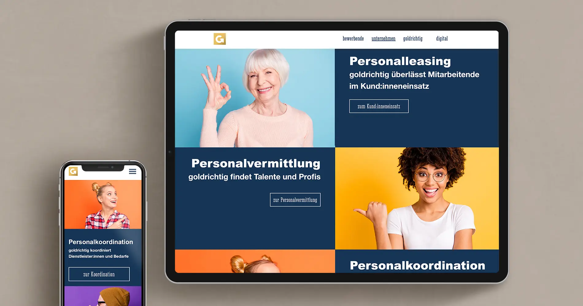 Webdesign Website-Ansicht auf Tablet und Smartphone mit Personaldienstleistungs-Inhalten
