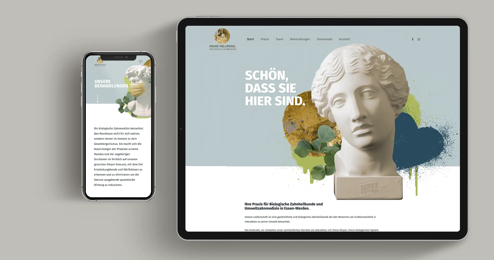 Website einer modernen Arztpraxis auf Tablet und Smartphone mit künstlerischem Praxisbranding und klarer Nutzerführung