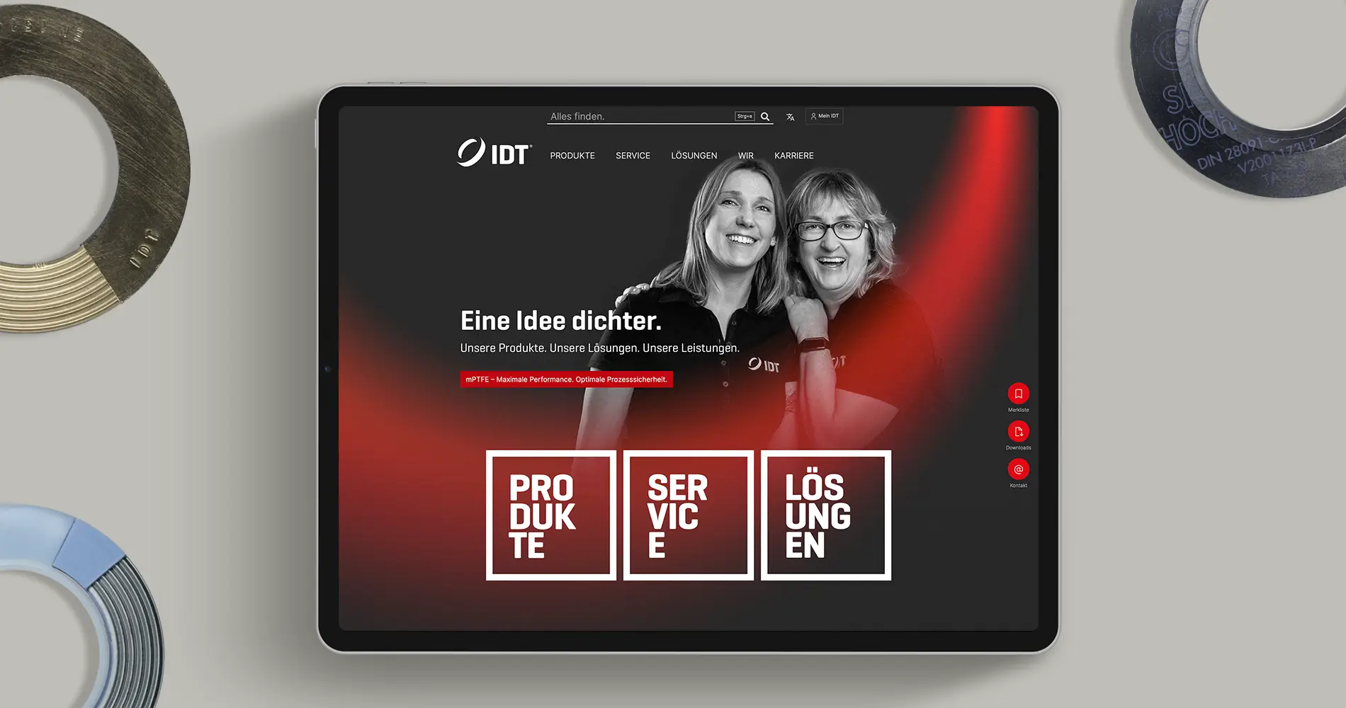 Webdesign von IDT auf Tablet mit Markenauftritt, Navigation und Produktkategorien im digitalen Interface