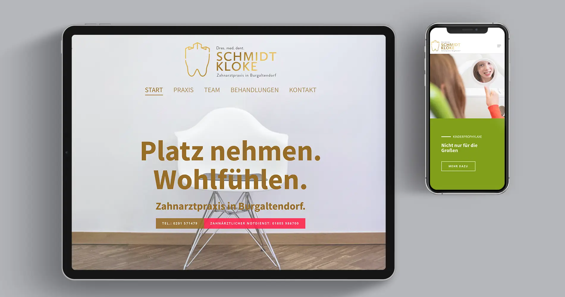 Website-Design für Zahnarztpraxis Schmidt & Kloke auf Tablet und Smartphone