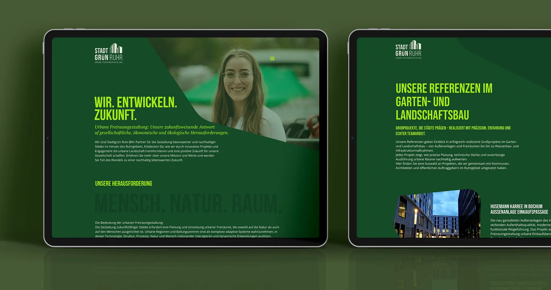 Website-Design von Stadtgrün Ruhr auf zwei Tablets mit Inhalten zu Leistungen und Referenzen