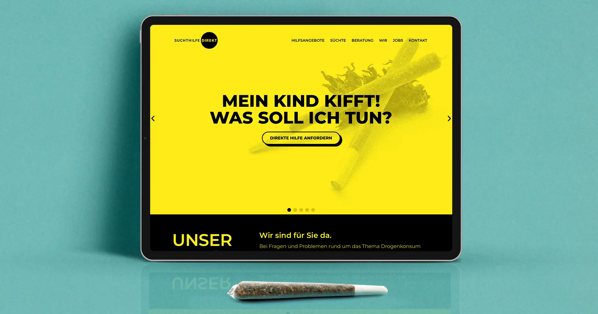 Tablet zeigt Website der Suchthilfe mit klarer Botschaft und Call-to-Action zur Unterstützung