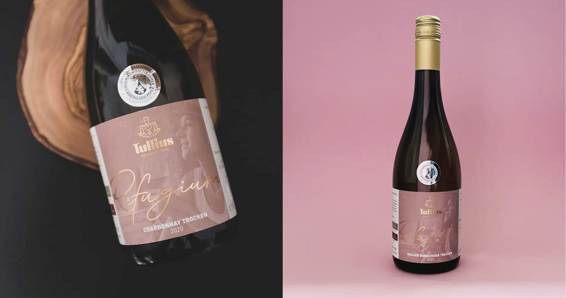 Zwei Darstellungen einer Tullius-Weinflasche mit modernem Etikett in Rosé-Tönen