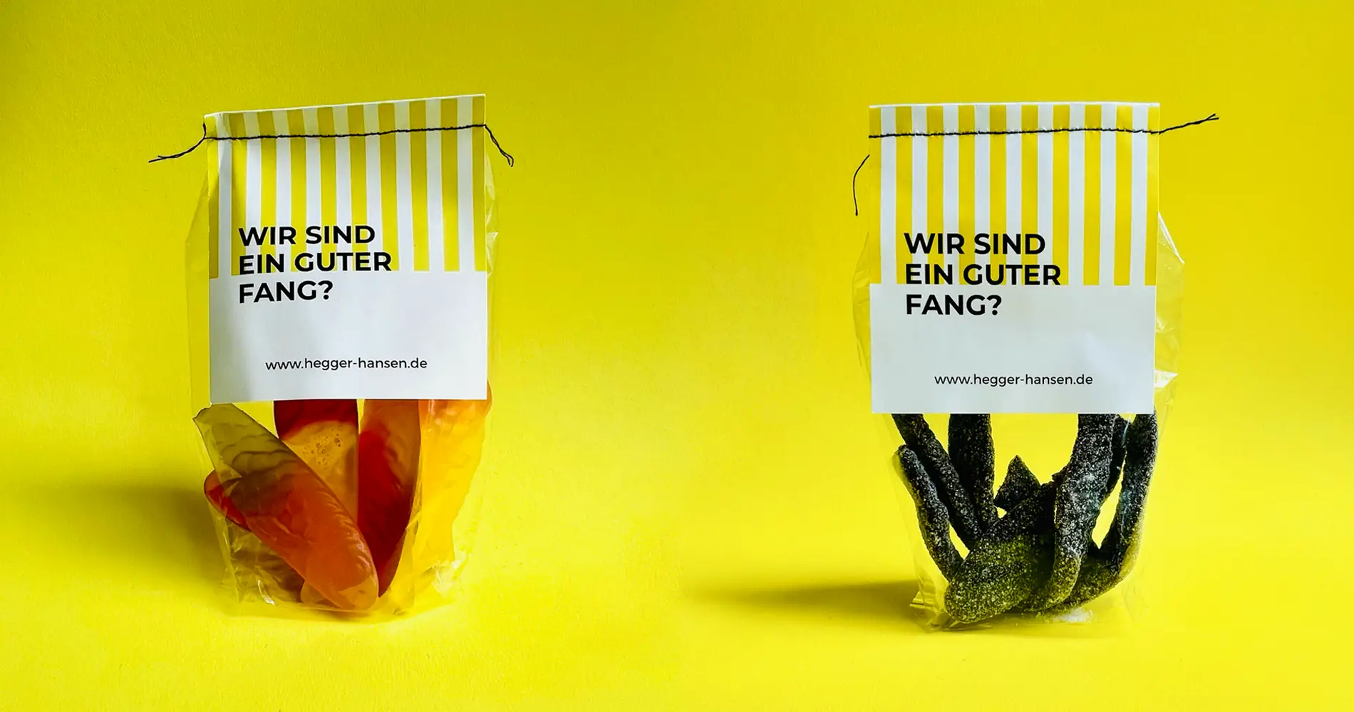 Giveaways der Steuerberatung Hegger Hansen mit Fruchtgummis und humorvoller Botschaft „Wir sind ein guter Fang?“ im Kampagnenstil