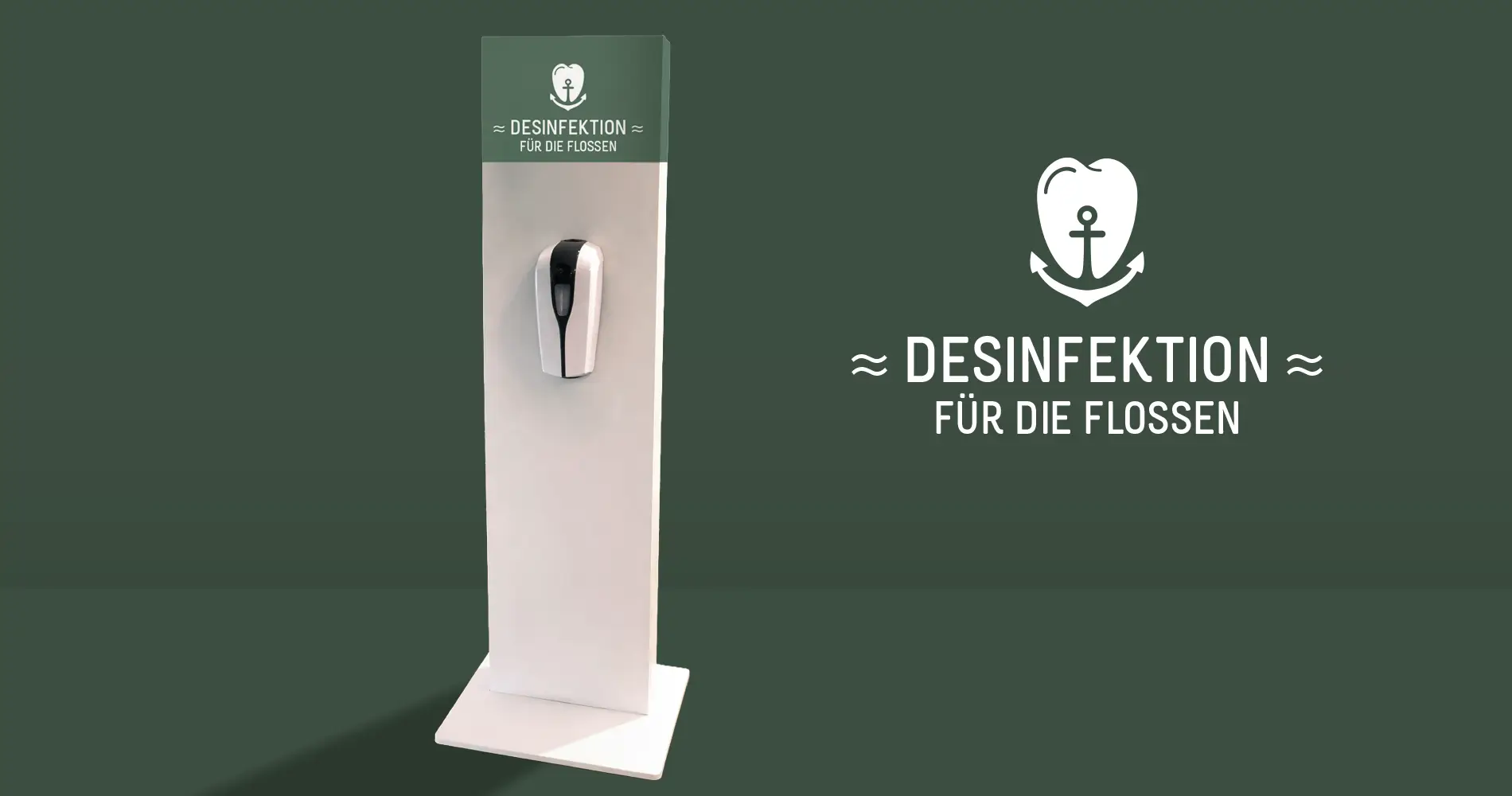 Desinfektionsspender in Zahnarztpraxis mit Beschriftung „Desinfektion für die Flossen“ und Zahnhafen-Logo auf grünem Hintergrund