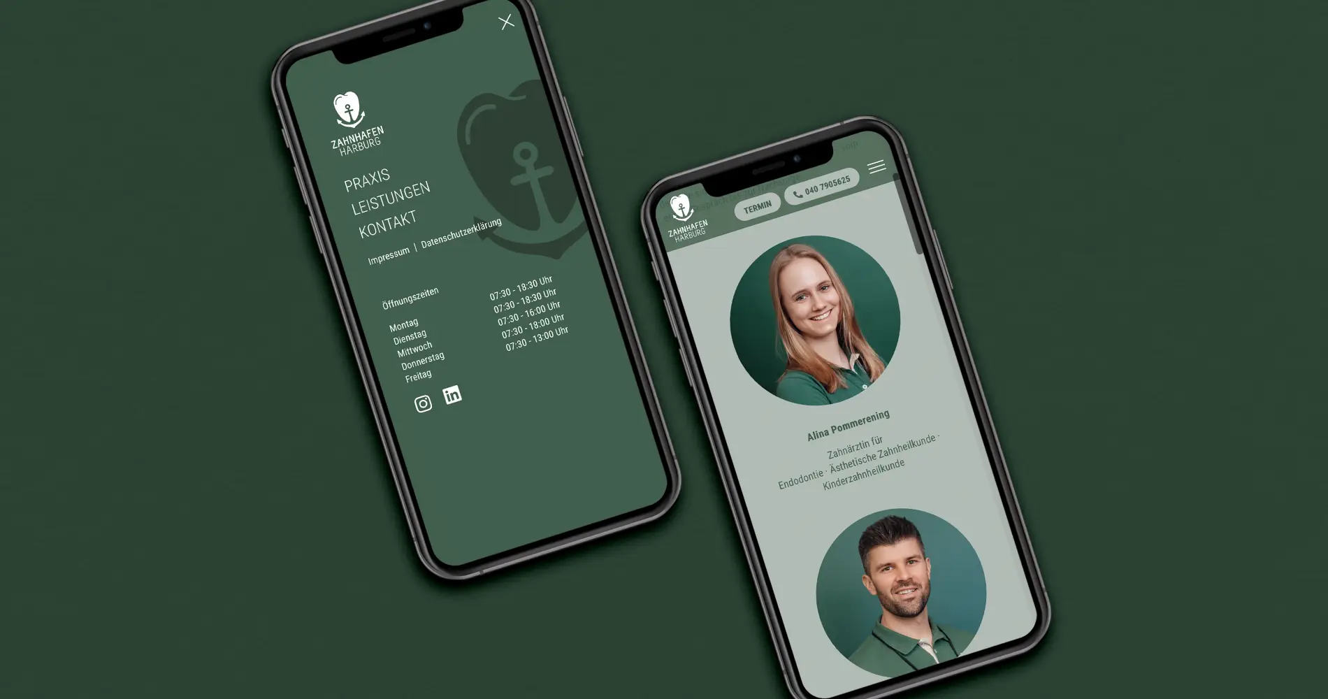 Zwei Smartphones mit dargestellter Website der Zahnarztpraxis Zahnhafen Harburg, Navigation und Teamseite sichtbar